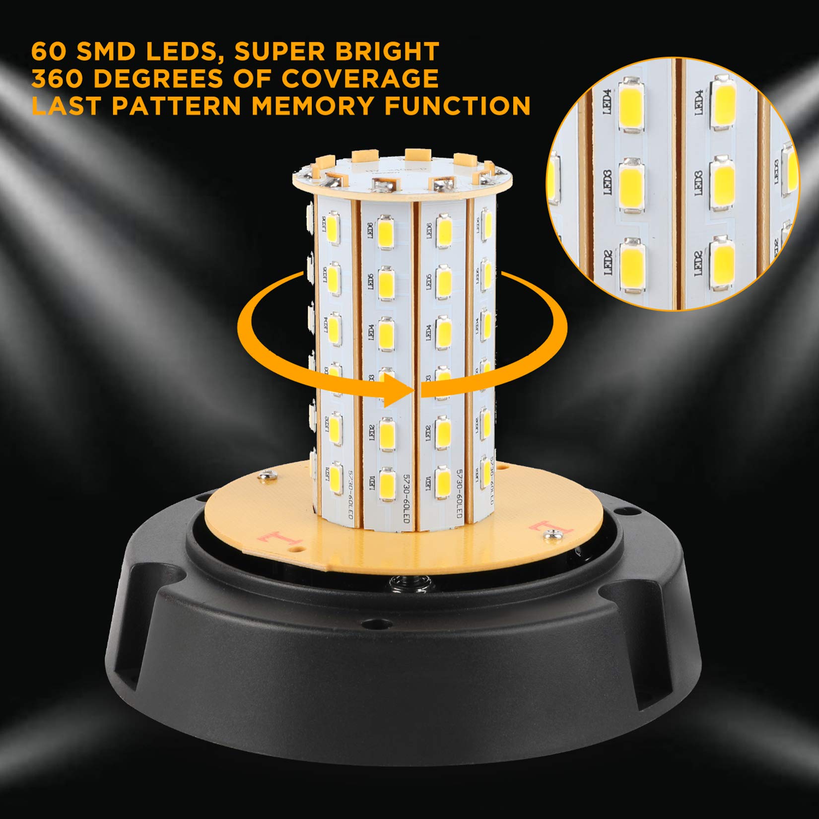 Aspl 2Pcs Led Warning Flash Beacon Lights, 60 Led Amber Warning Safety Flashing Strobe Lights With Magnetic And 16 Ft Straight C