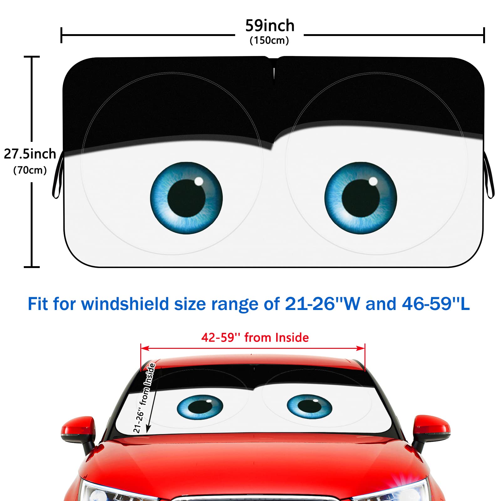 Eygeufg Car Windshield Sun Shade, Funny Eyes Design, Foldable 59"x27.5"/63"x31.5", Wear-Resistant Polyester, Eyes-Black
