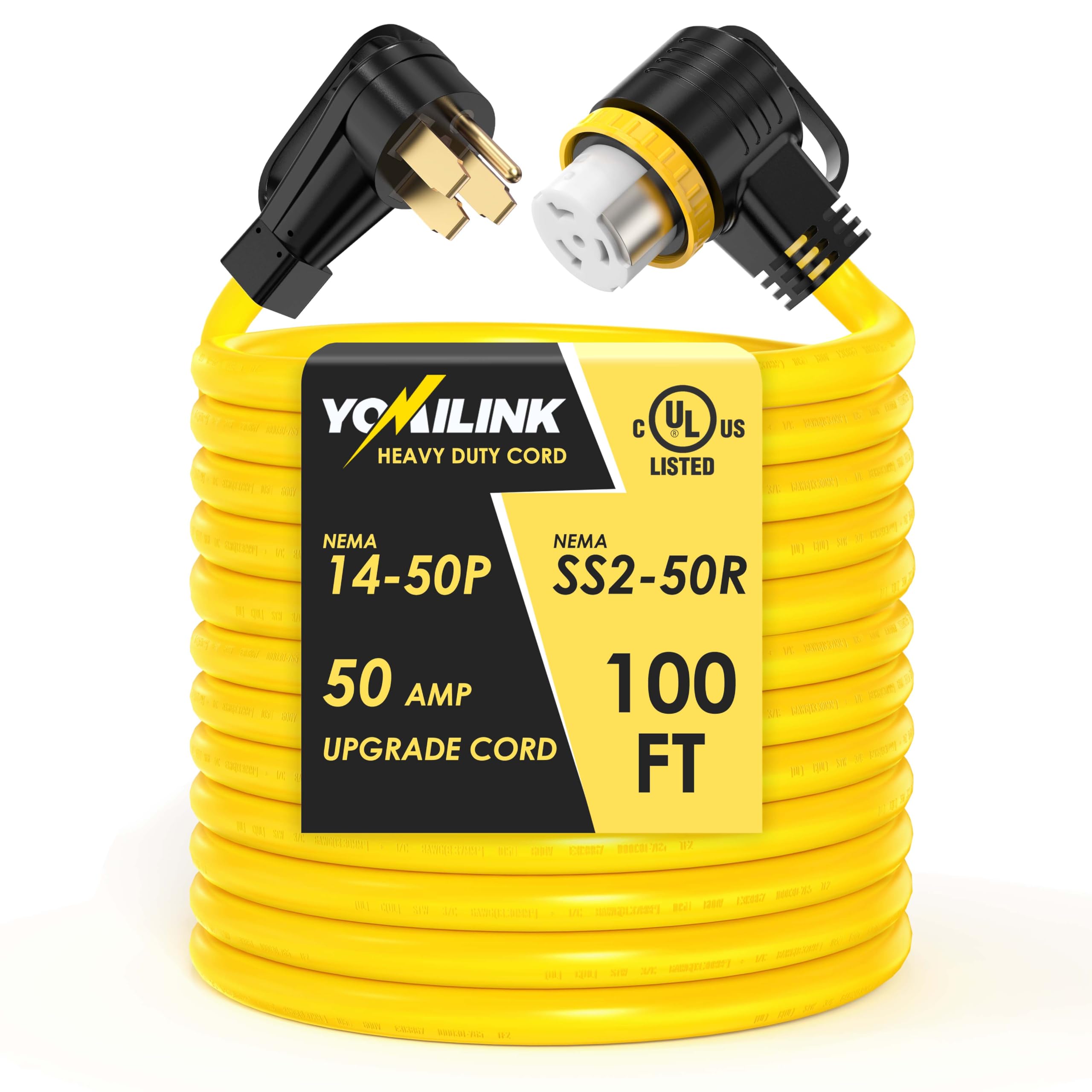 YOMILINK 100 Feet 50 Amp RV/Generator Cord, UL Listed, 100% Copper Wire, NEMA 14-50P to SS2-50R Twist Lock, Newly Designed 90Gri