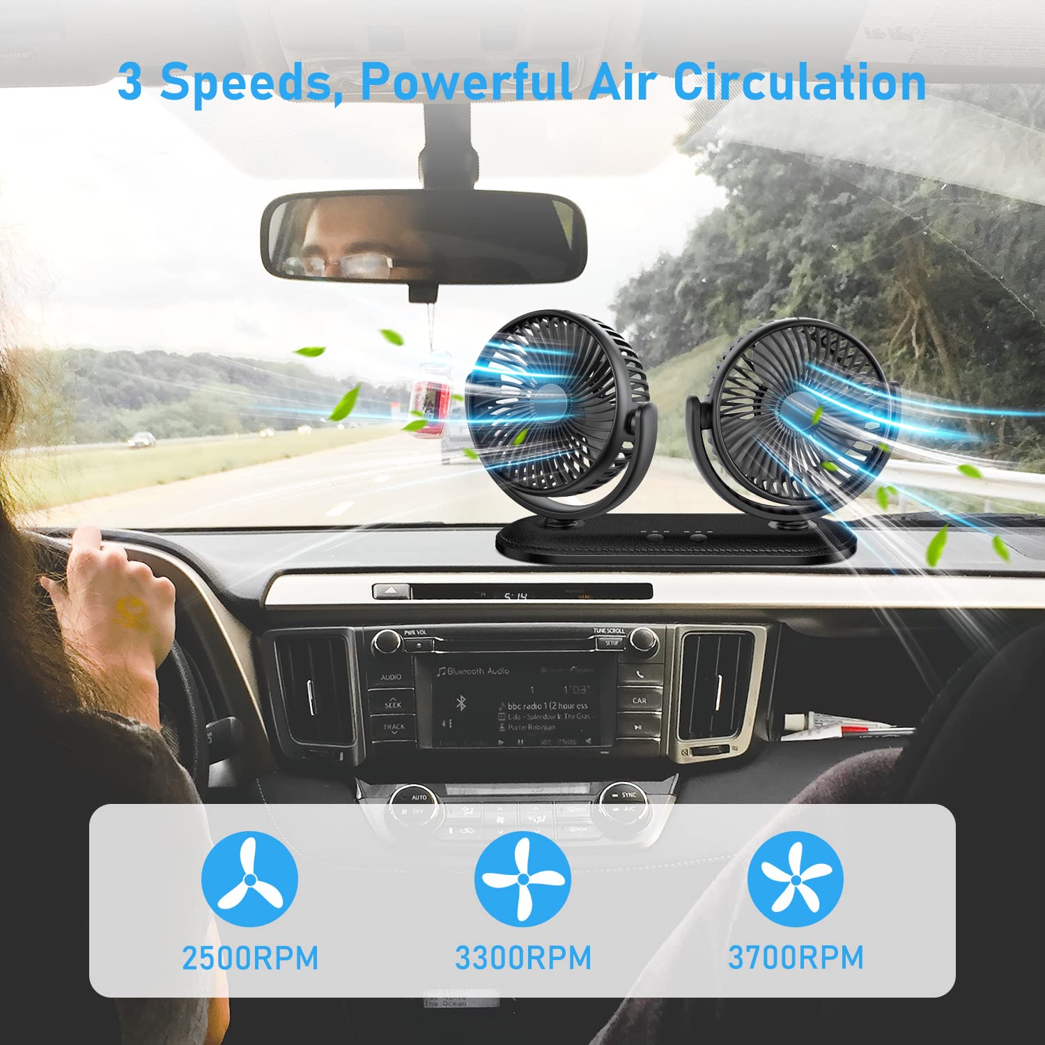 Tripole Car Fan 12V / 24V Portable Auto Cooling Dual Head Rotatable Vehicle Electric Fan For Car, Truck, Suv, Rv, Van, Boat, Gol