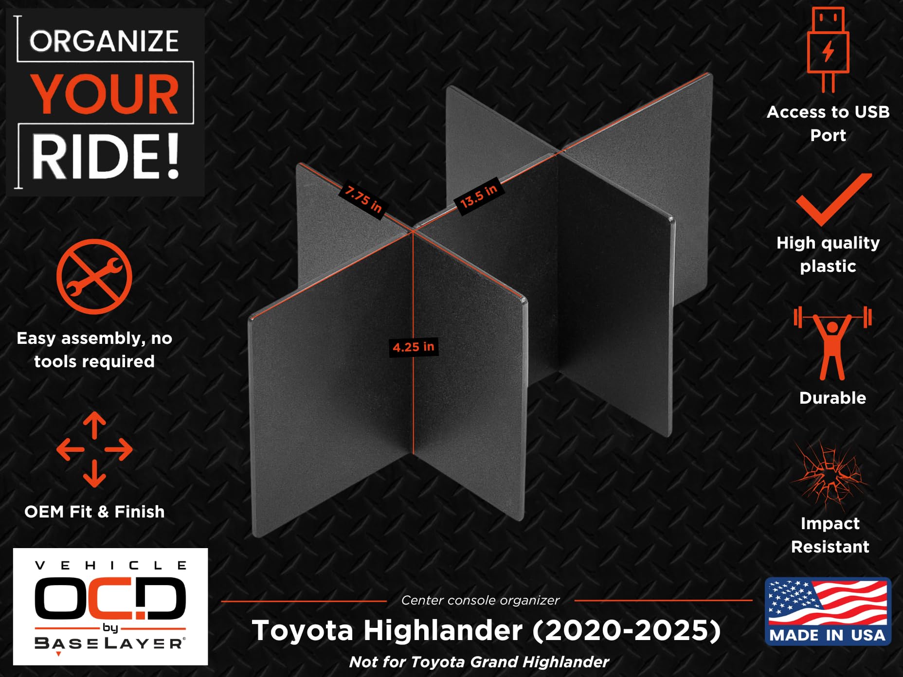 Vehicle OCD Center Console Organizer for Toyota Highlander 2020-2026, Black, Plastic, Model SLX175, Made in USA