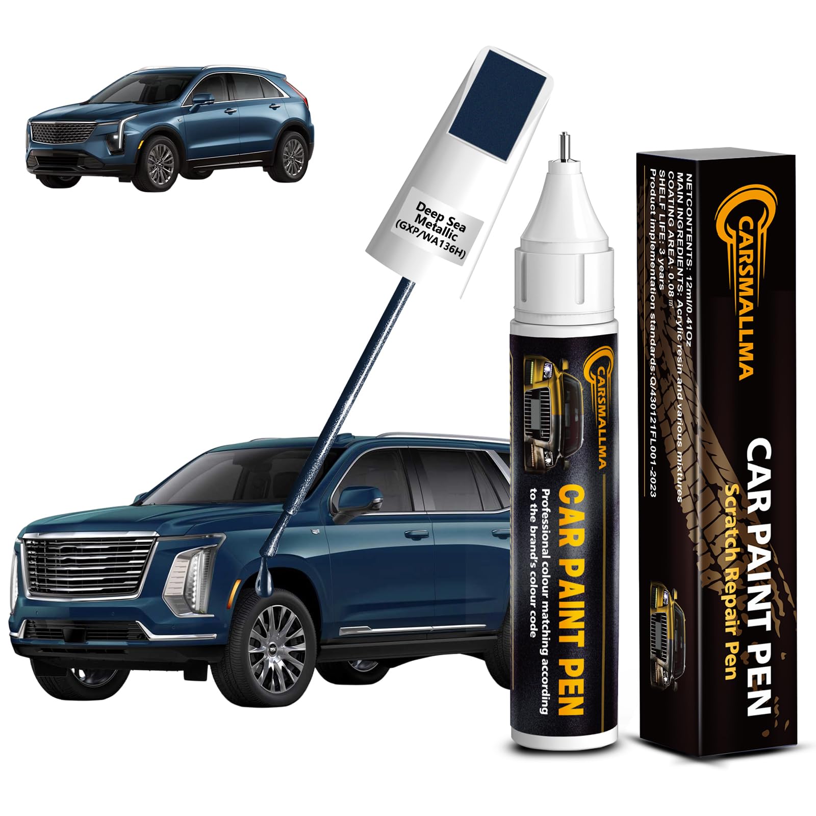 carsmallma Deep Sea Metallic(GXP/WA136H) Car Touch Up Paint for Cadillac, Color Accurate Car Paint Scratch Repair Pen Kit Quick 