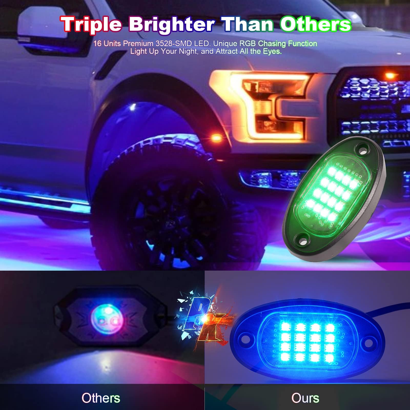 16 Pods Rgb Led Rock Lights For Trucks Pickup Golf Cart Offroad Rv Utv Atv Suv, Waterproof Multicolor Underglow Kit For Cars Wit