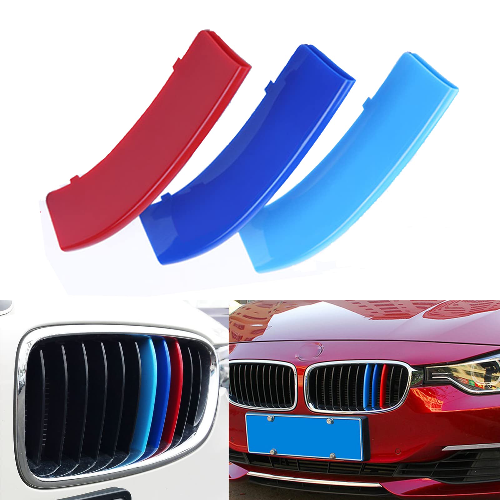 Xotic Tech M-Colored Tri Grille Insert Trims Strips, Front Center Kidney Grilles Compatible With Bmw 3 F30 4 Series F32 435I Standard Chrome Grill (11 Beam Bars)