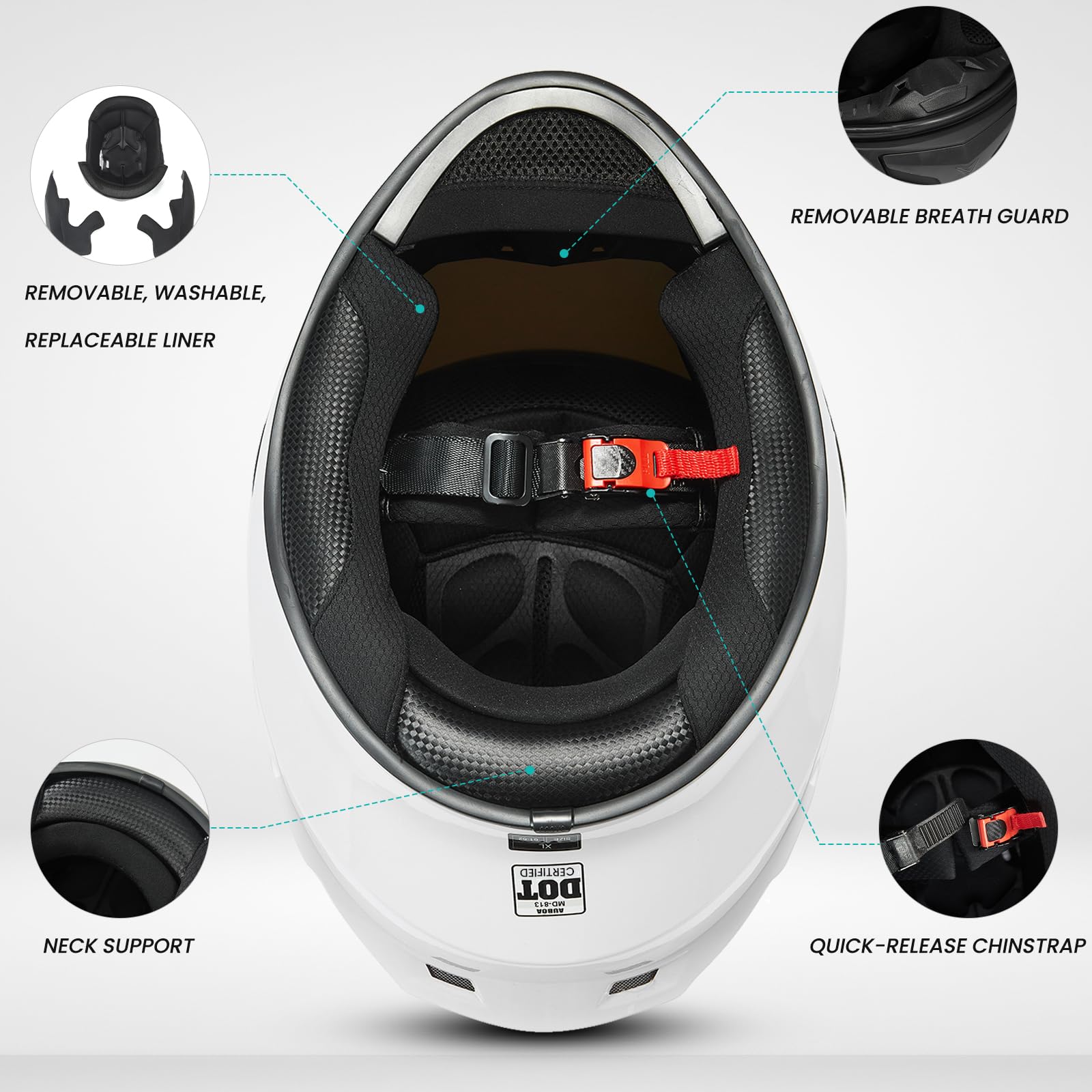 Auboa Full Face Motorcycle Helmet MD-813, DOT Approved, Small, White, ABS Material, Tinted Visor for Men and Women