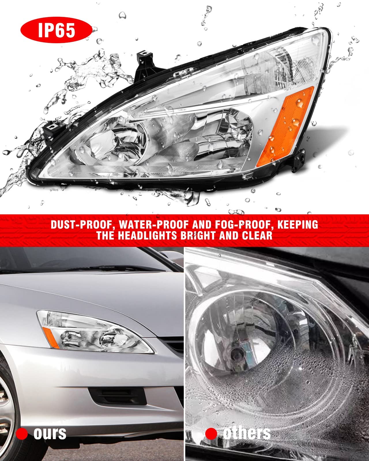 ADCARLIGHTS Headlight Assembly for 2003-2007 Honda Accord, Clear Lens, Chrome Housing, Amber Reflector, Left & Right Pair