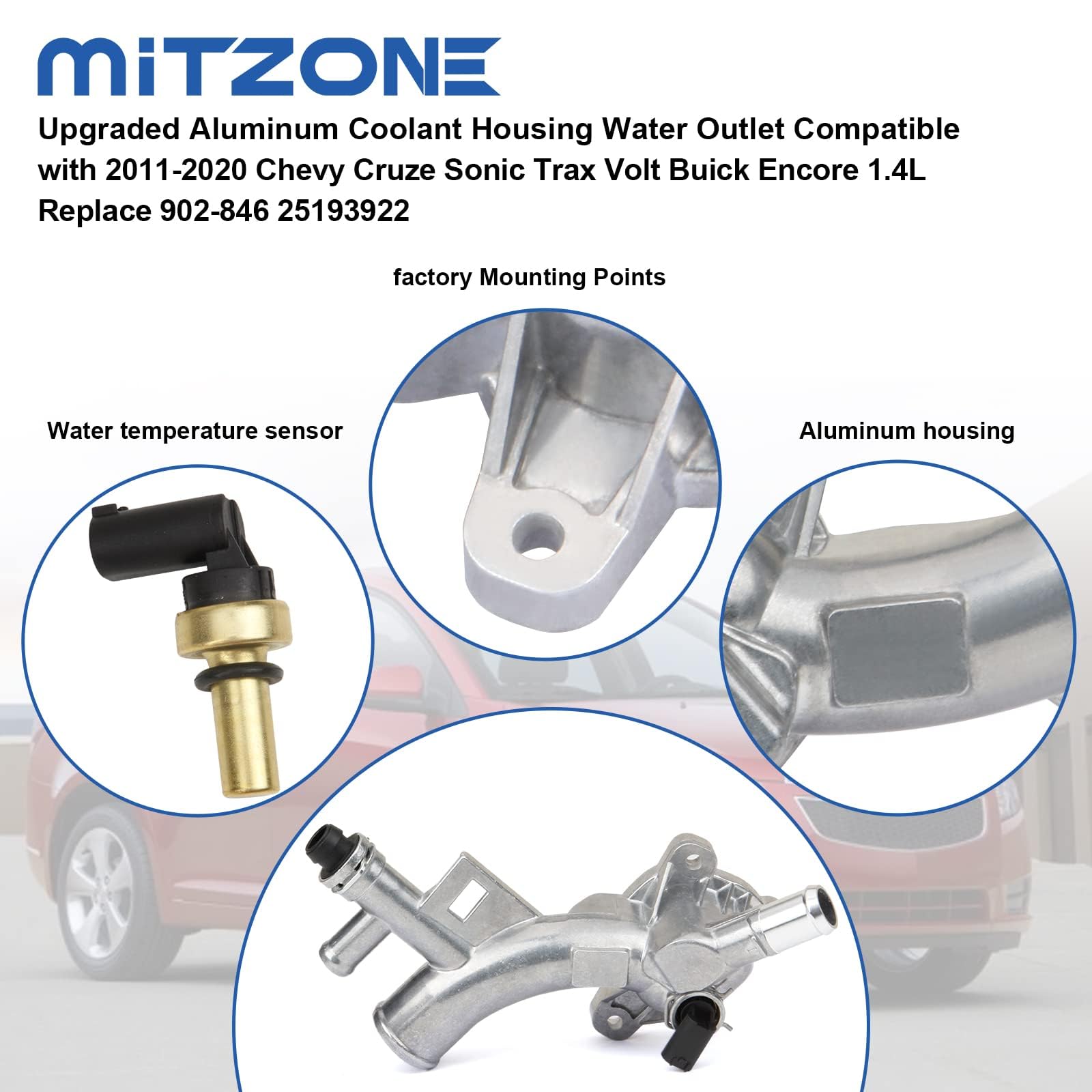 MITZONE Aluminum Coolant Housing with Inlet & Oil Cooler Hoses for 2011-2020 Chevrolet Cruze, Sonic, Trax, Volt, Buick Encore 1.4L