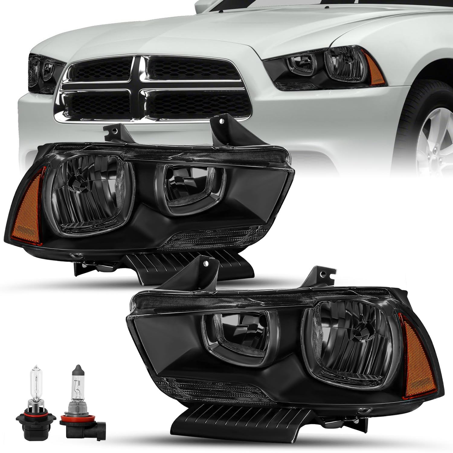 SOCKIR Halogen Headlight Assembly Compatible with 2011-2014 Dodge Charger Headlamp Not Fitting HID model Black Smoke w/Bulbs (Hi