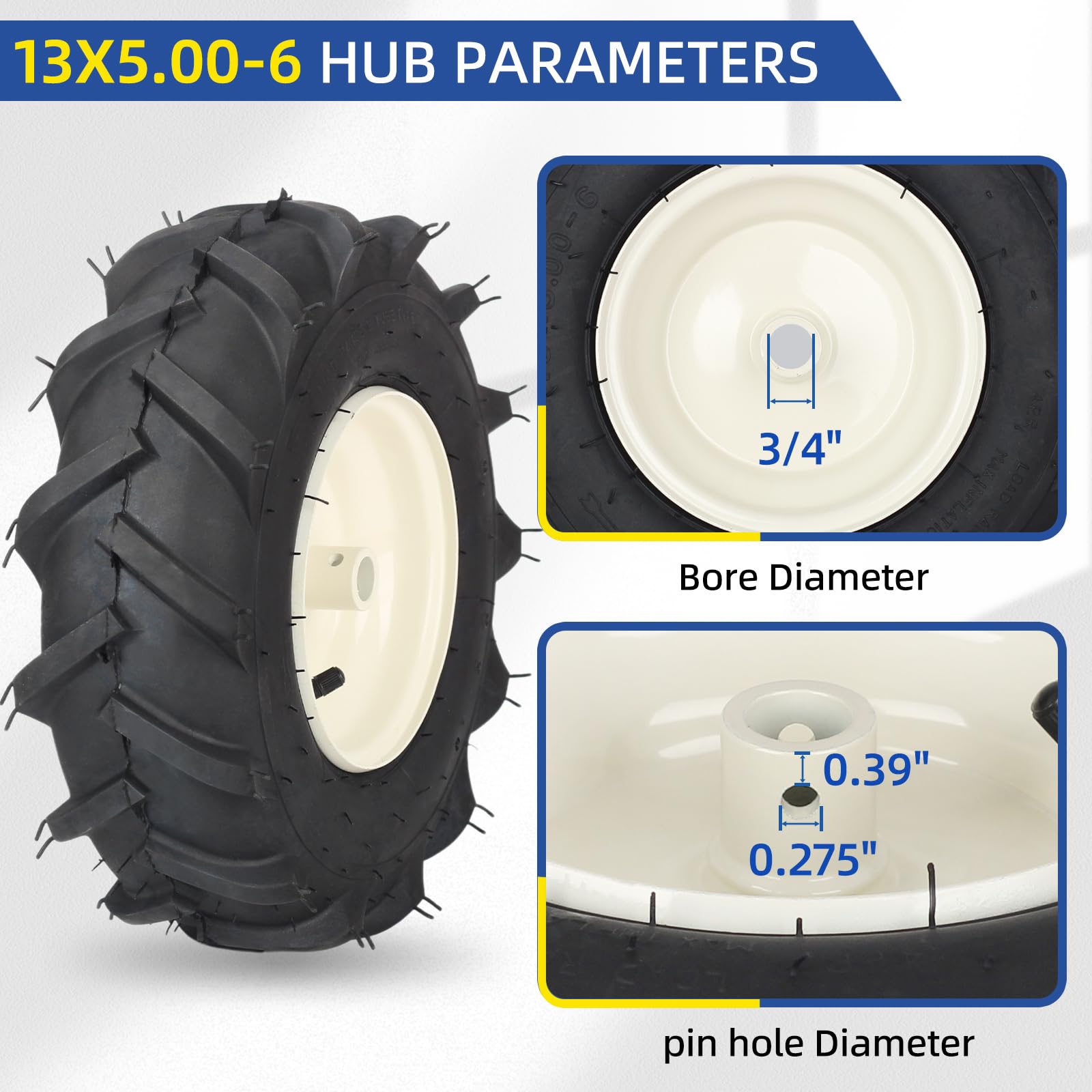 GICOOL Tiller Tire and Wheel 13x5.00-6" Rubber, 3/4" Axle, 3-1/8" Hub, Compatible with Craftsman &
