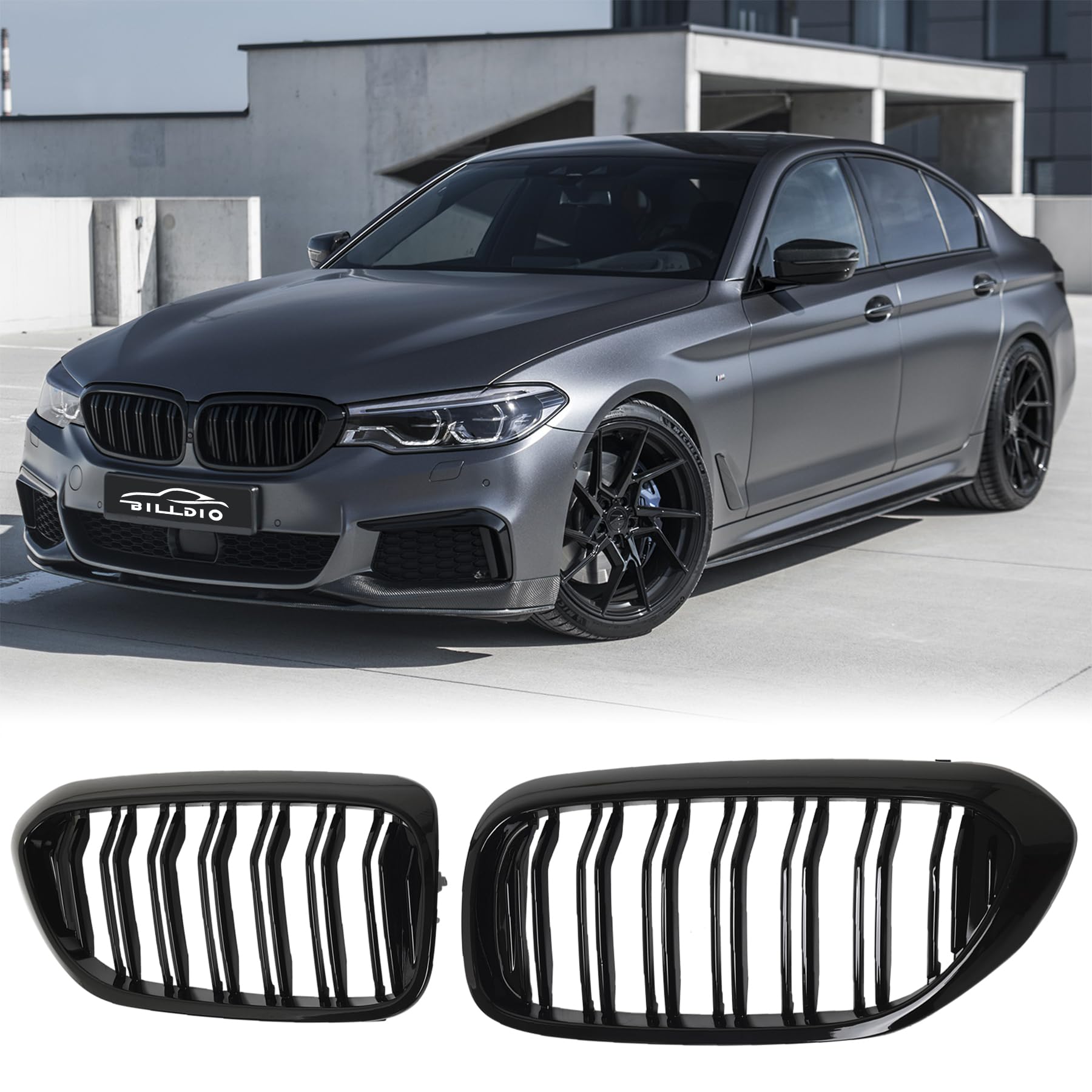 Billdio G30 Grille - Front Kidney Grille Double Slats Glossy Black Compatible With 2017 2018 2019 2020 Bmw 5 Series 530E 530E Xd