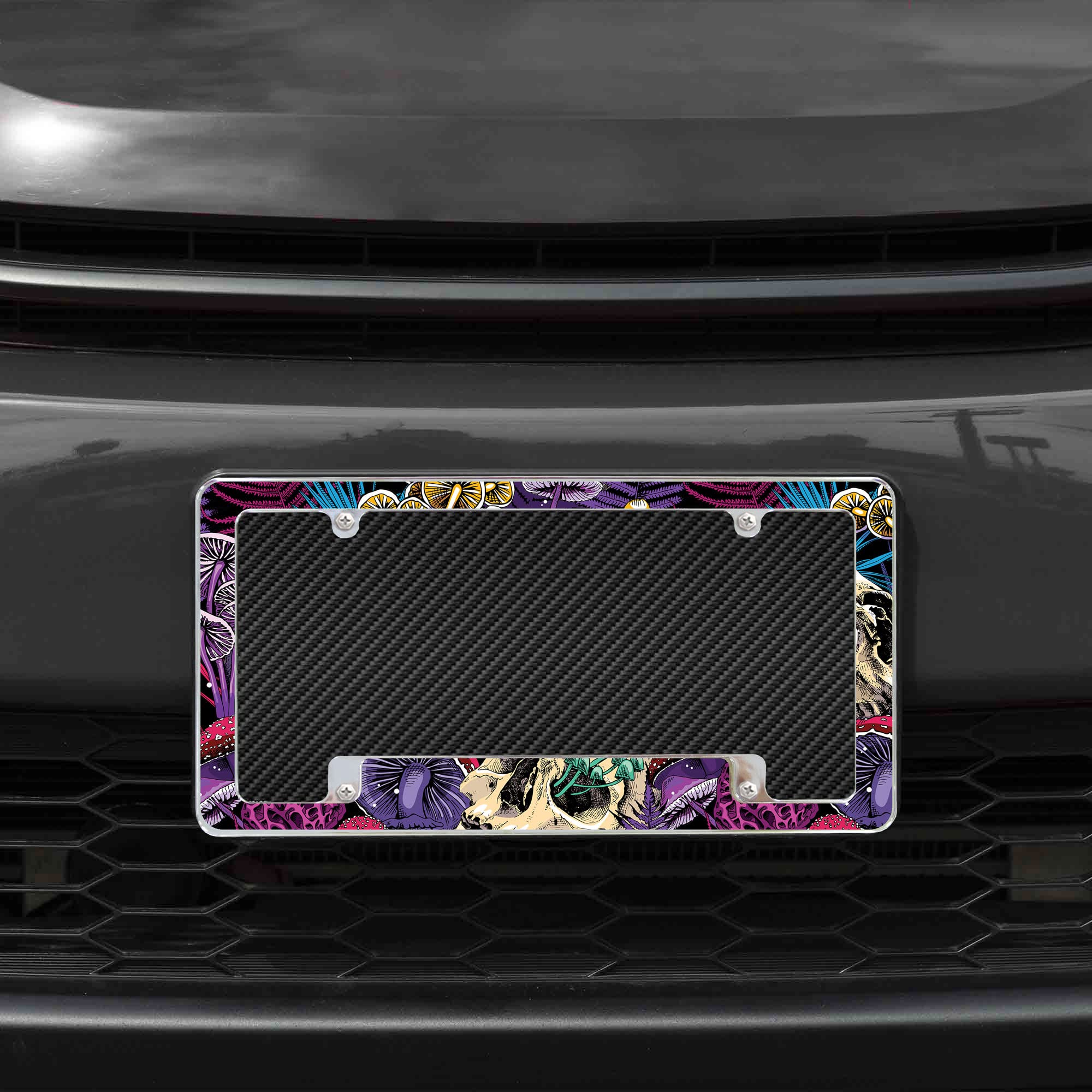 Rico Industries Mushrooms and Skulls All Over Automotive License Plate Frame for Car/Truck/SUV (12 x 6)