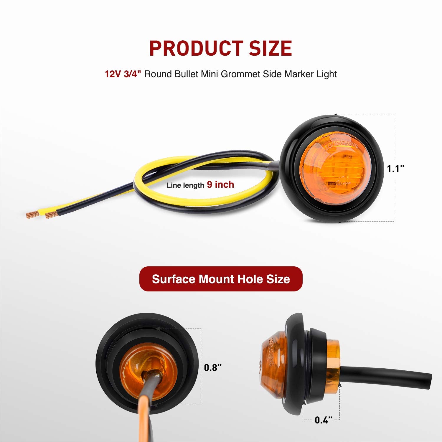 Nilight 10 PCS 3/4 Inch Round Mini LED Clearance Light LED Front Rear Side Marker Indicator Light Bullet Marker Light for Truck