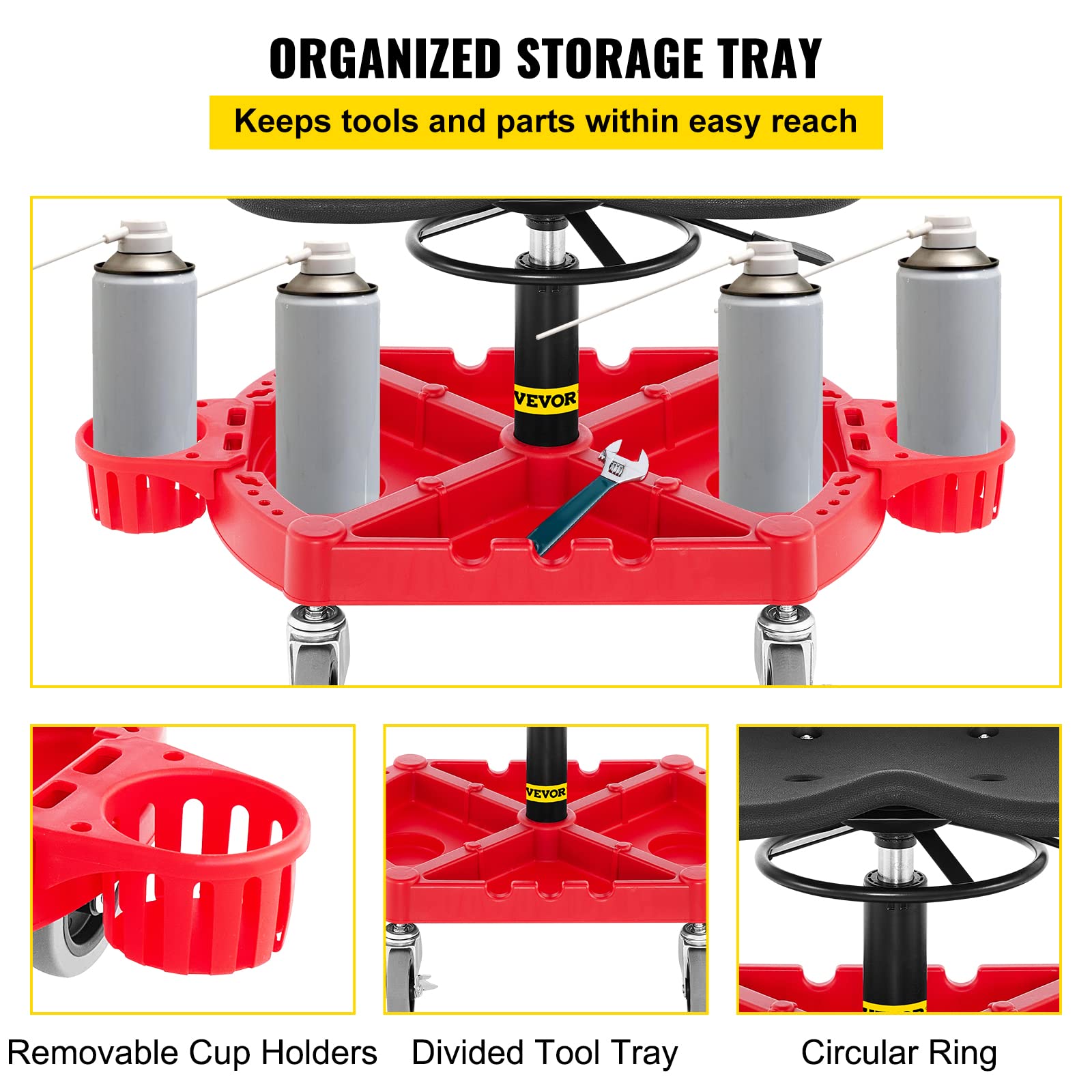 Vevor Rolling Garage Stool, 300Lbs Capacity, Adjustable Height From 18 In To 23 In, 360-Degree Swivel Wheels (4'), Large Tool Tray With Two Bottle Holder, For Workshop, Auto Repair Shop, Red