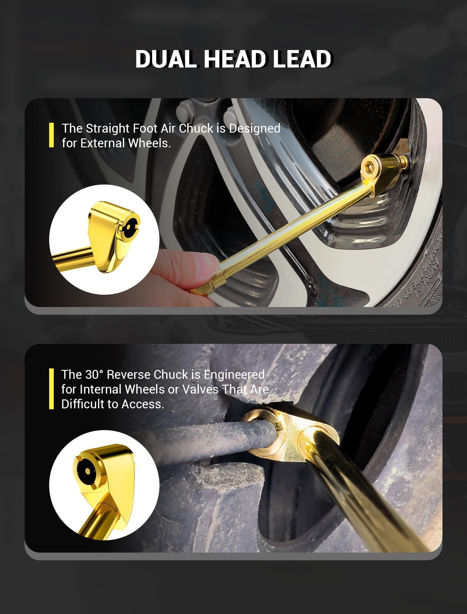 Lumiteco Heavy Duty Dual Head Air Chuck Set, Closed Ball Tire Chuck & 1/4'' Npt Male Quick Plug & 4* Valve Caps, No Air Leakage