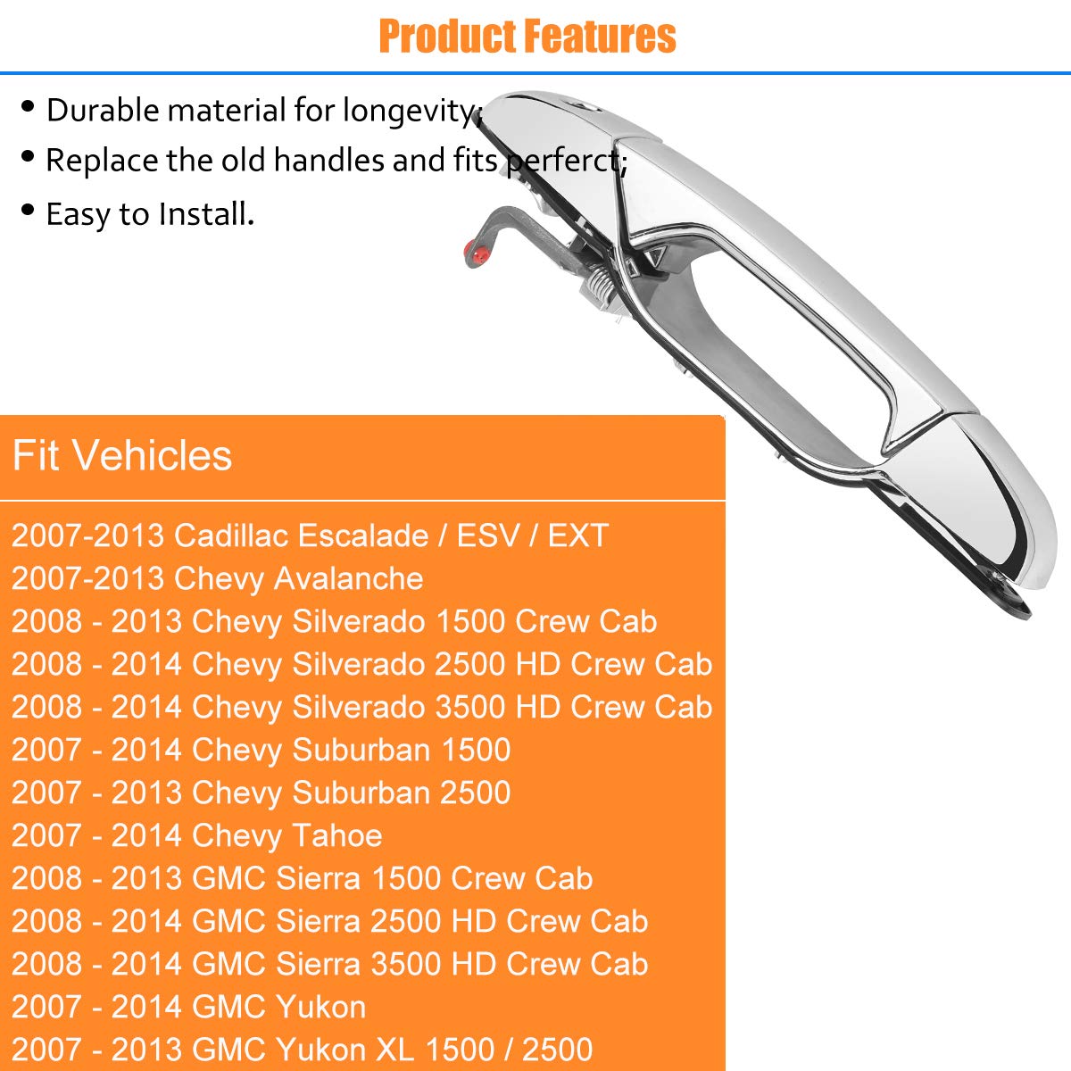 Npauto Exterior Door Handle Front Left Driver Side Replacement For 07 08 09 10 11 12 13 Chevy Silverado 1500 2500, Avalanche, Suburban, Tahoe, Cadillac Escalade, Gmc Sierra, Yukon Xl, 80546, Chrome
