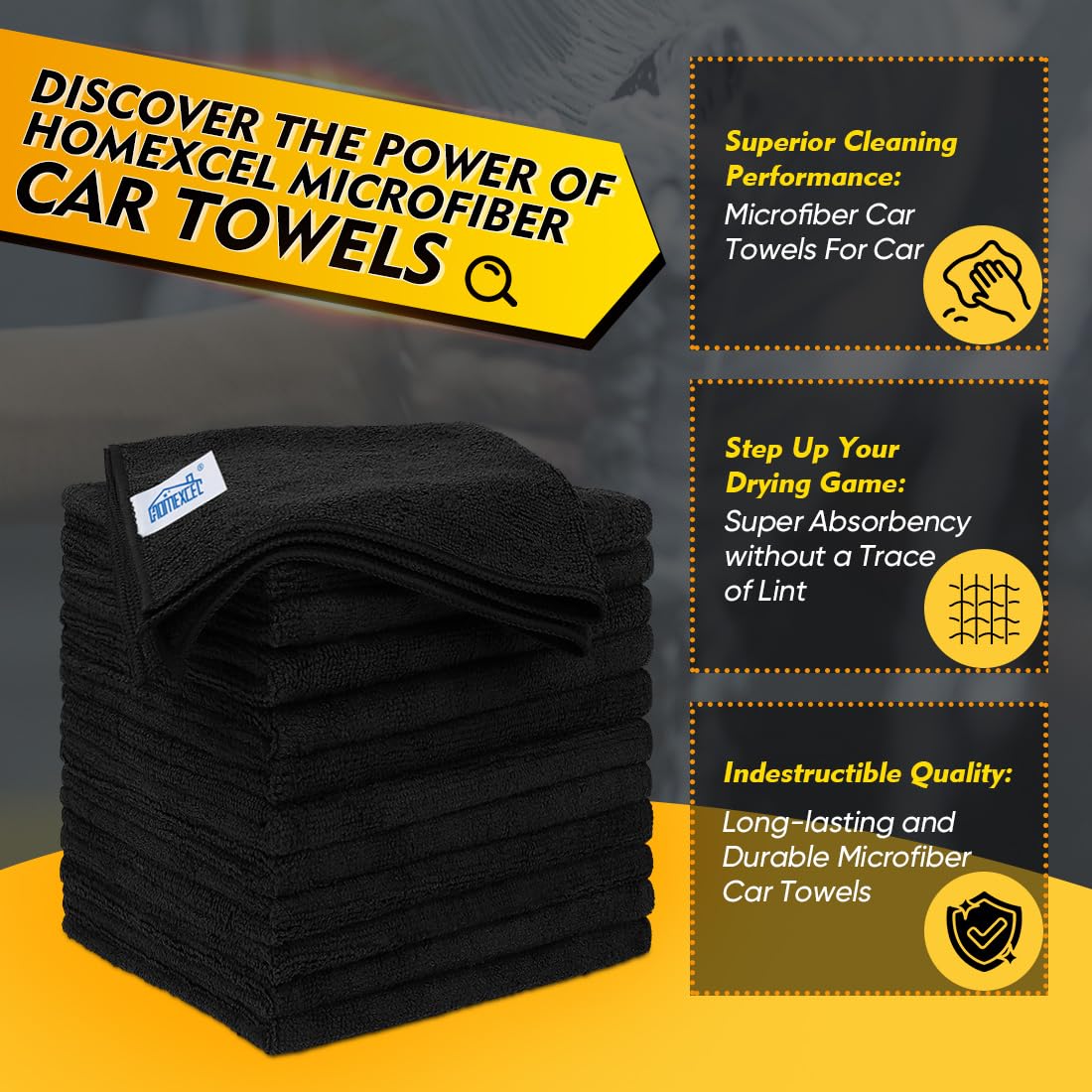Homexcel Black Microfiber Cleaning Cloth 12 Pack, 12.5 X 12.5 Inch Microfiber Towels For Cars, Ultra Absorbent Car Washing Cloth