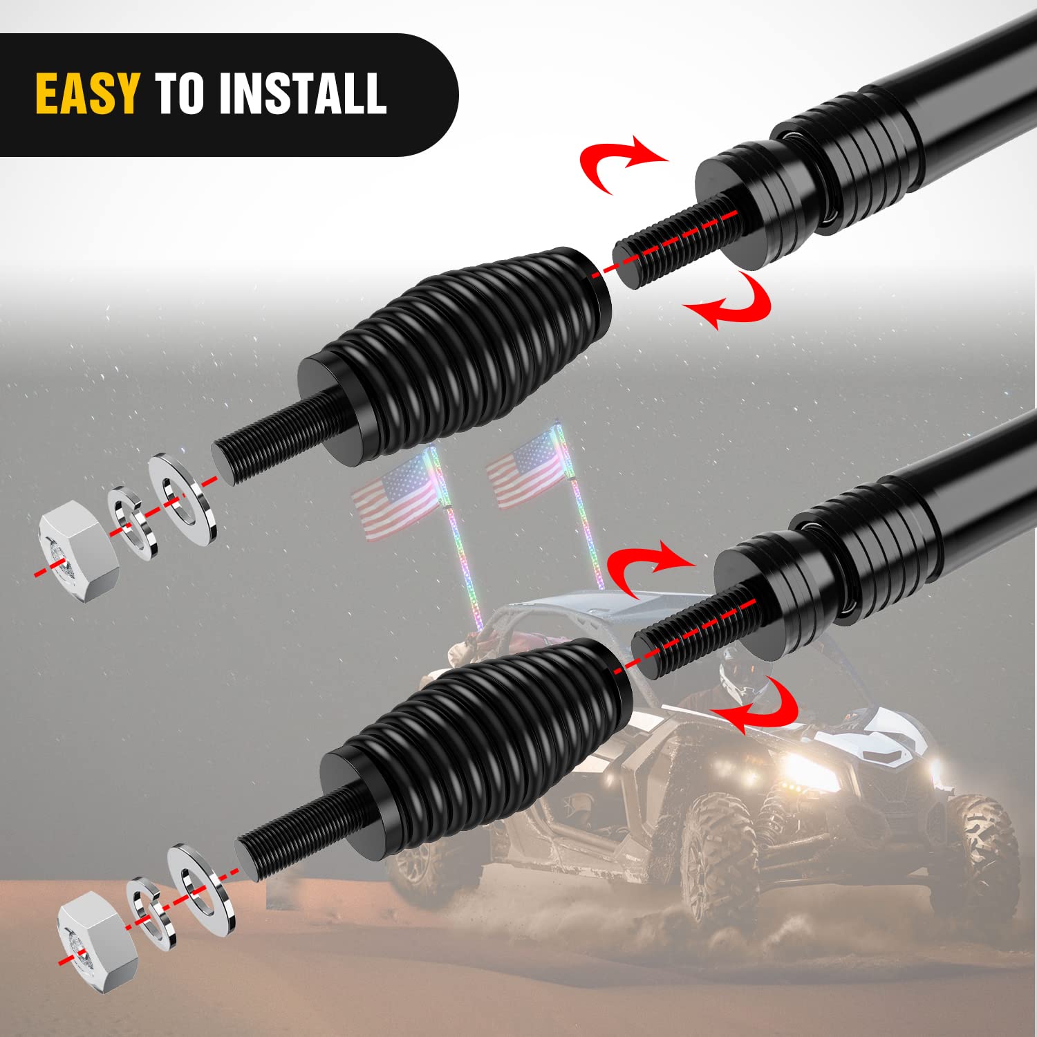Nilight Heavy Duty Barrel Spring Mounting Base, 2 Pack, Carbon & Stainless Steel, Black, Model Whip-131 for ATV UTV RZR SXS Truck Jeep Off Road