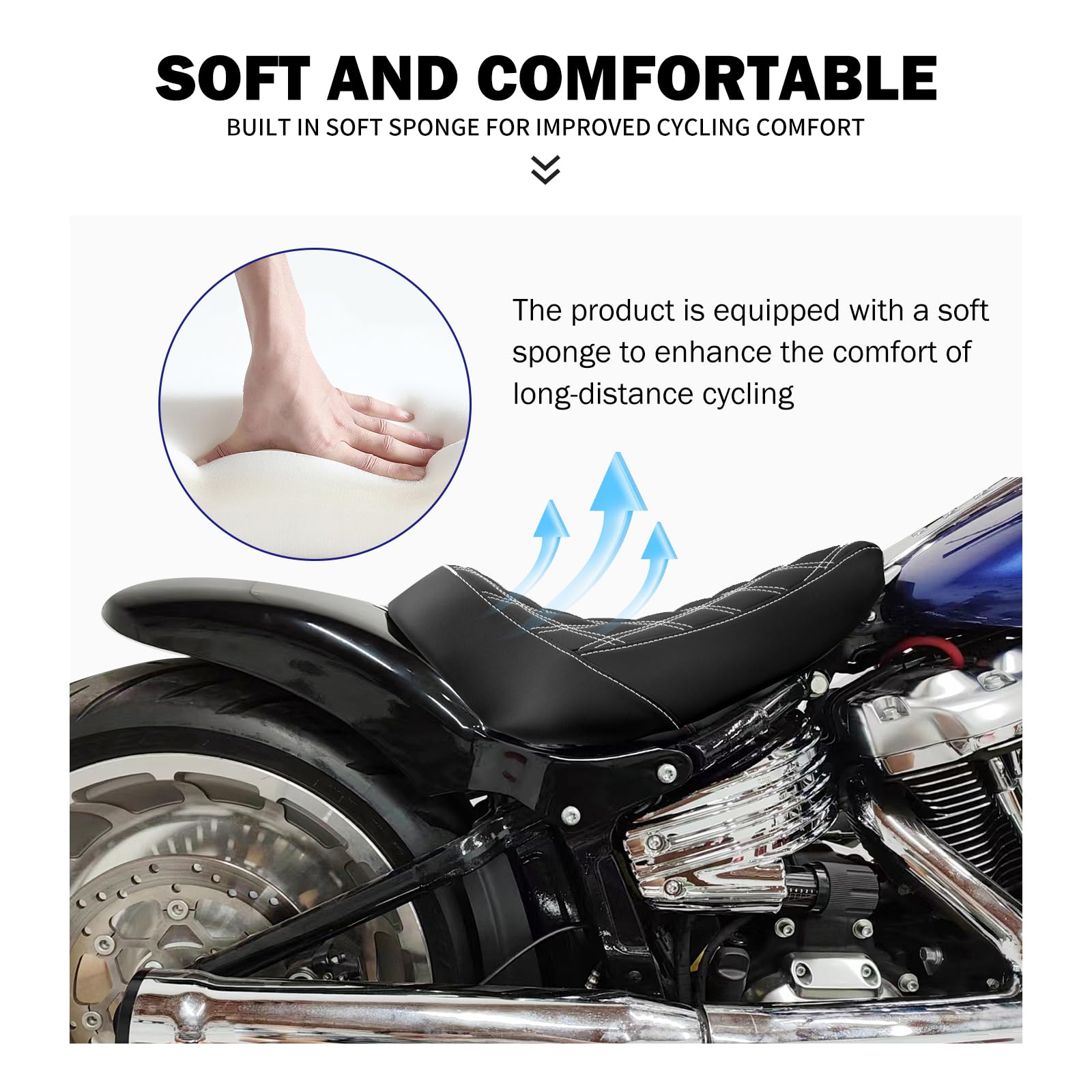 HDBUBALUS Motorcycle Solo Seat Cushion - Faux Leather, Diamond Design, Compatible with Harley Breakout Fatboy 2018-2023, White Thread