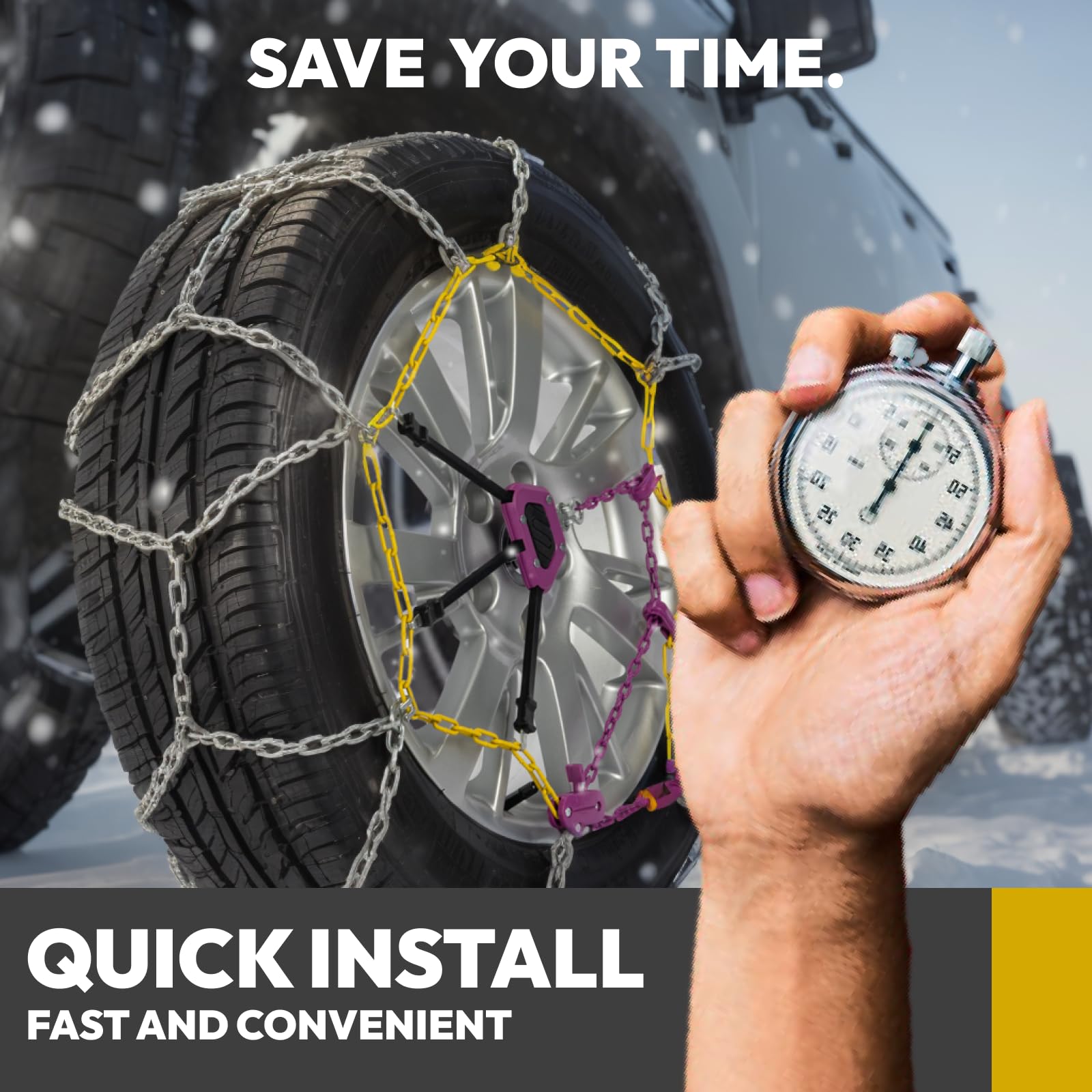 SNOCATENA Auto Tightening Snow Chains - Quick Fit Reusable Tire Chains for Winter, Model SP1547A, Set of 2