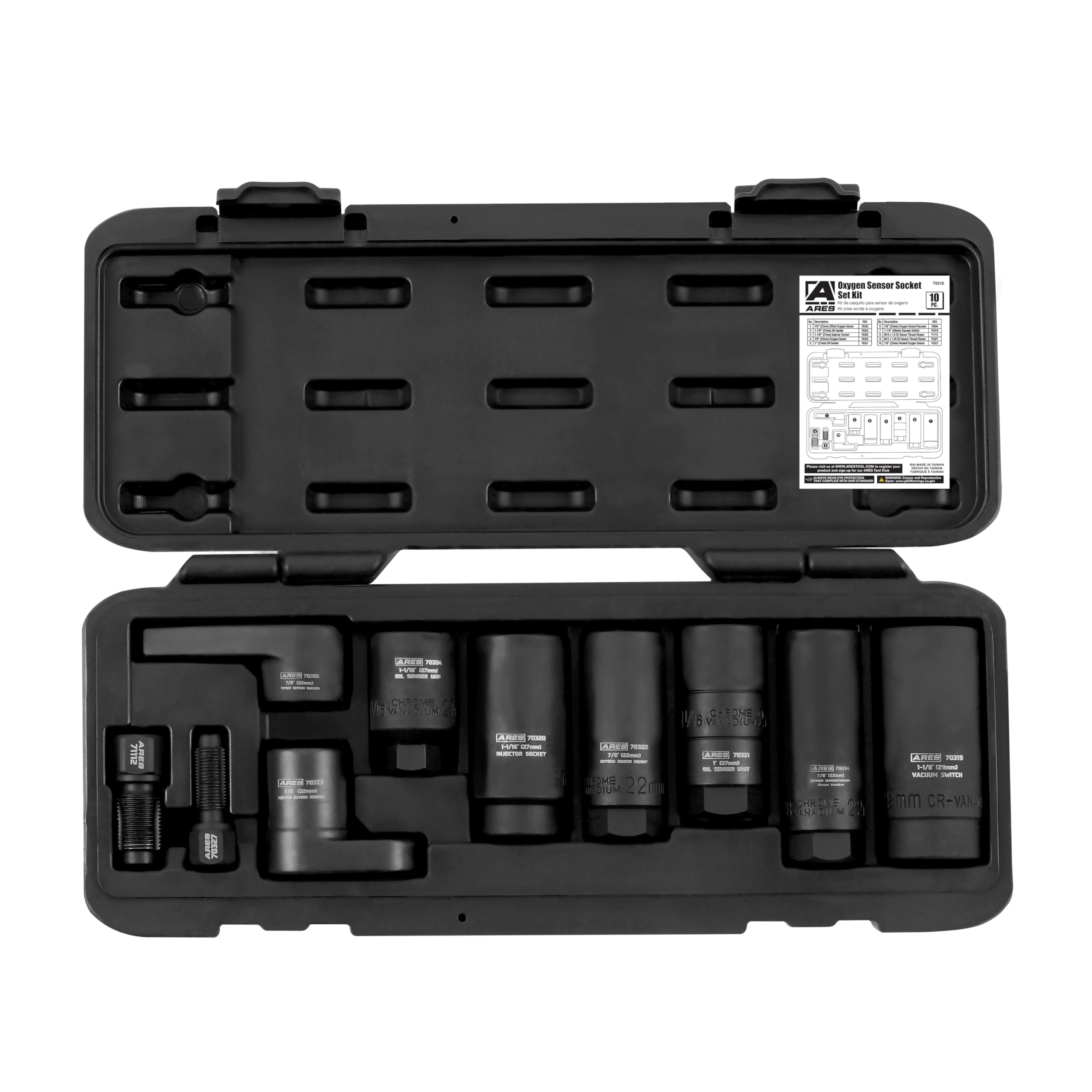 Ares 70318 10-Piece Oxygen Sensor Kit - Thread Chasers, Sockets For Oxygen Sensors, Injectors, & Oil Sending Units - Chrome Vana