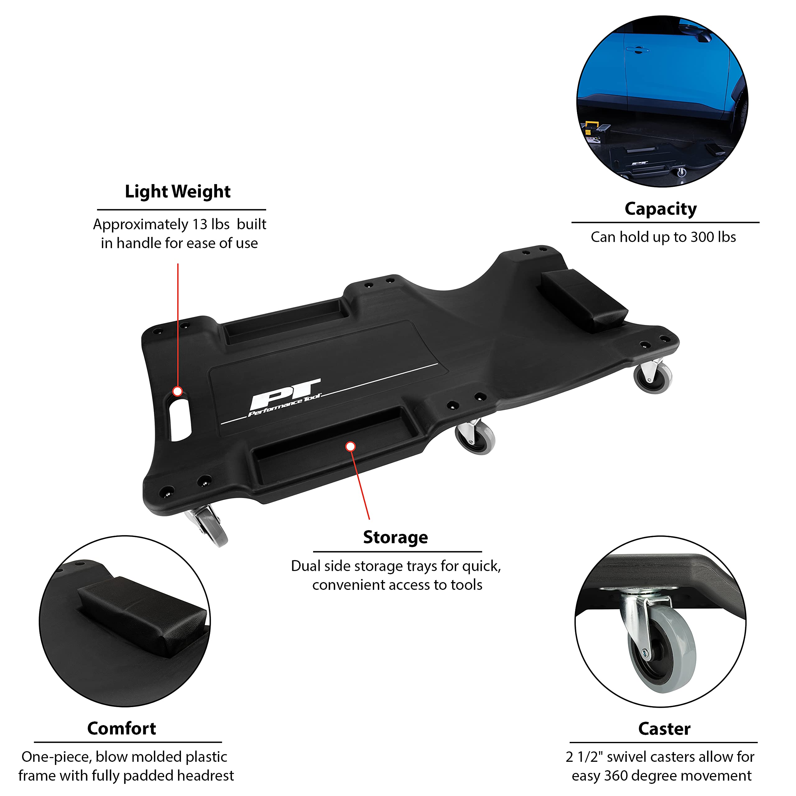 Performance Tool W85006 40-Inch Plastic Creeper With 6 Casters, Black