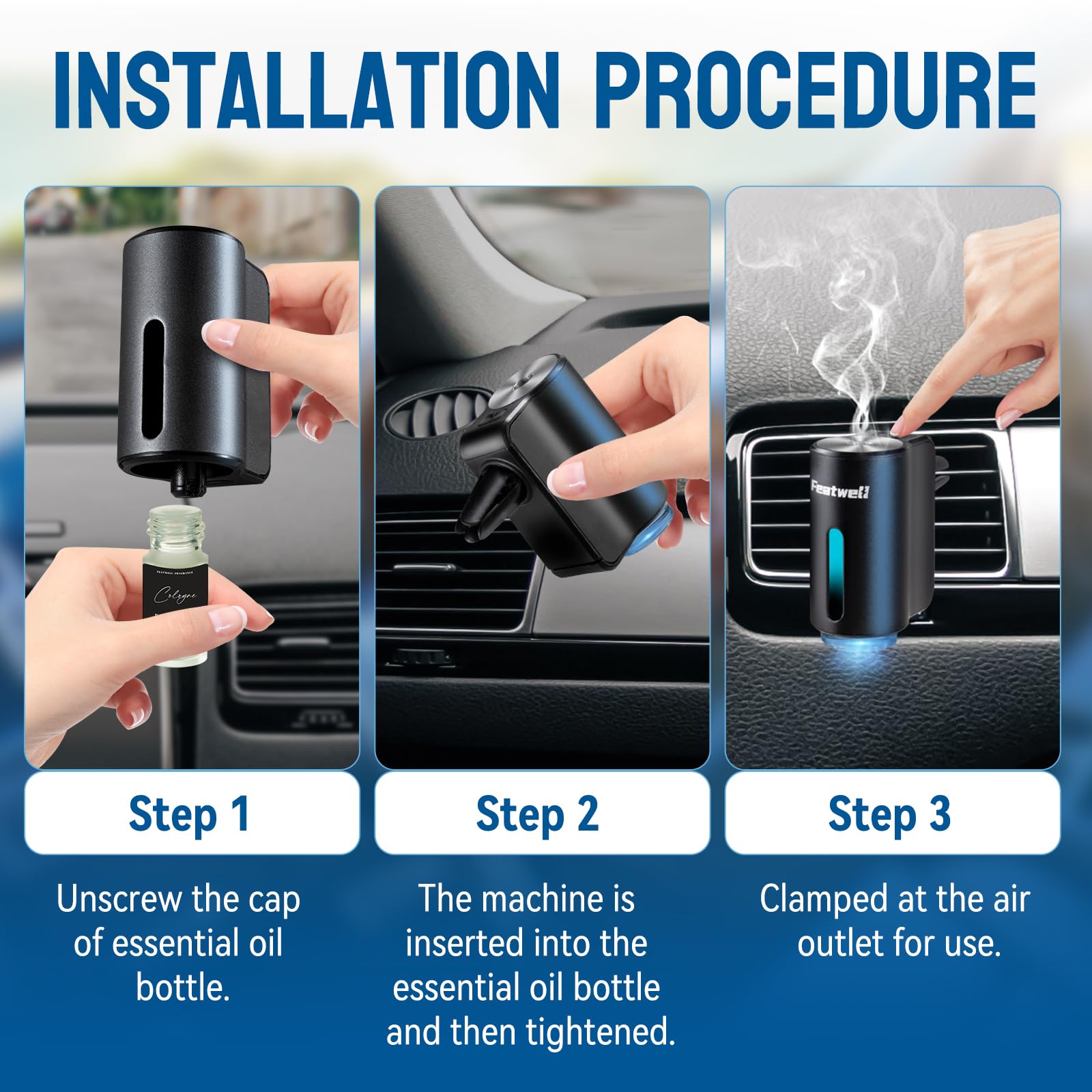 Featwell Car Air Freshener, Three Adjustable Modes Intelligent Car Aroma Diffuser, Rechargeable Car Aroma Diffuser, Black