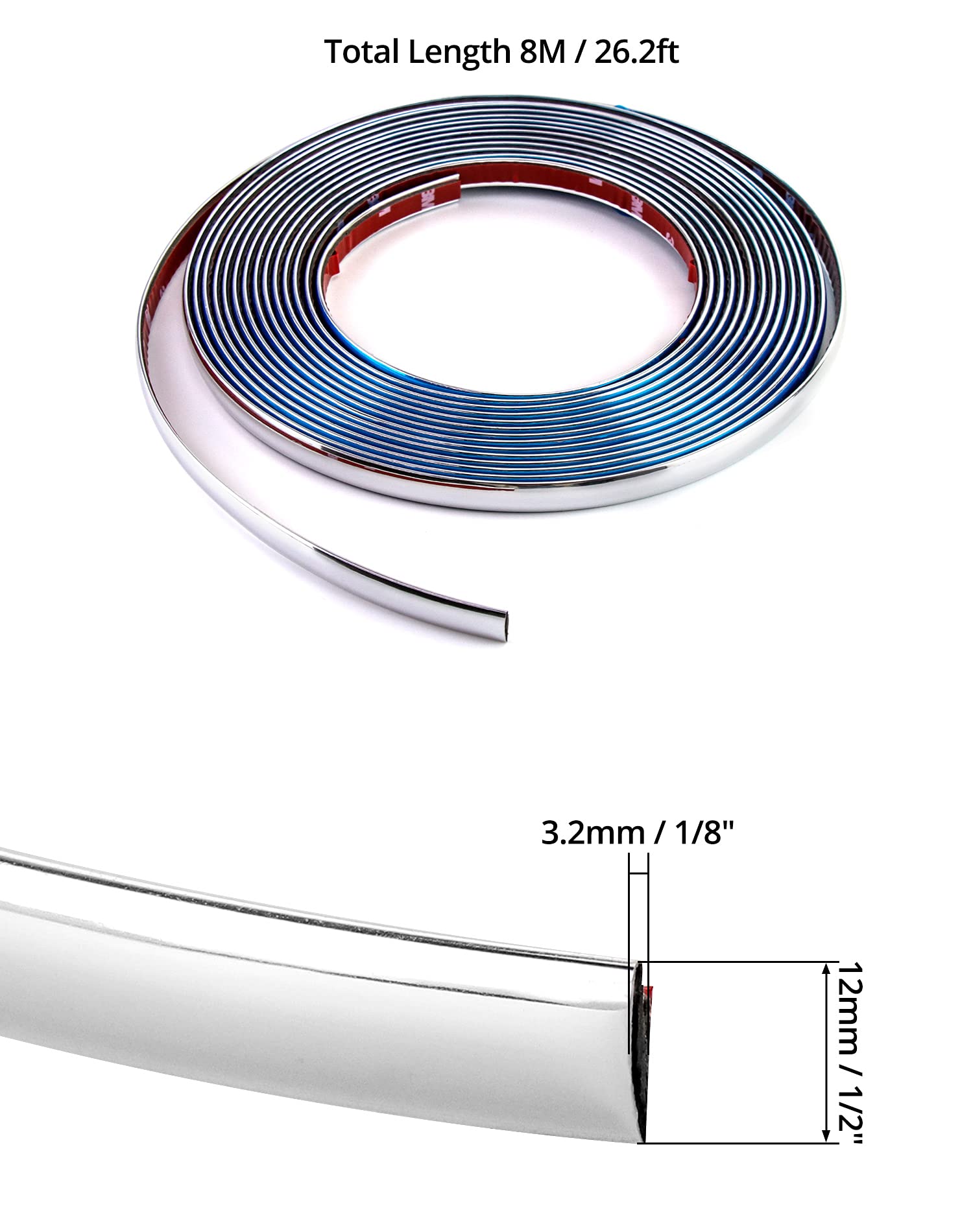 Qwork Automotive Chrome Trim Molding, 1/2 Inch Wide 26Ft Diy Moulding Trim Strip Line Decoration For Car/Truck Door Window Side