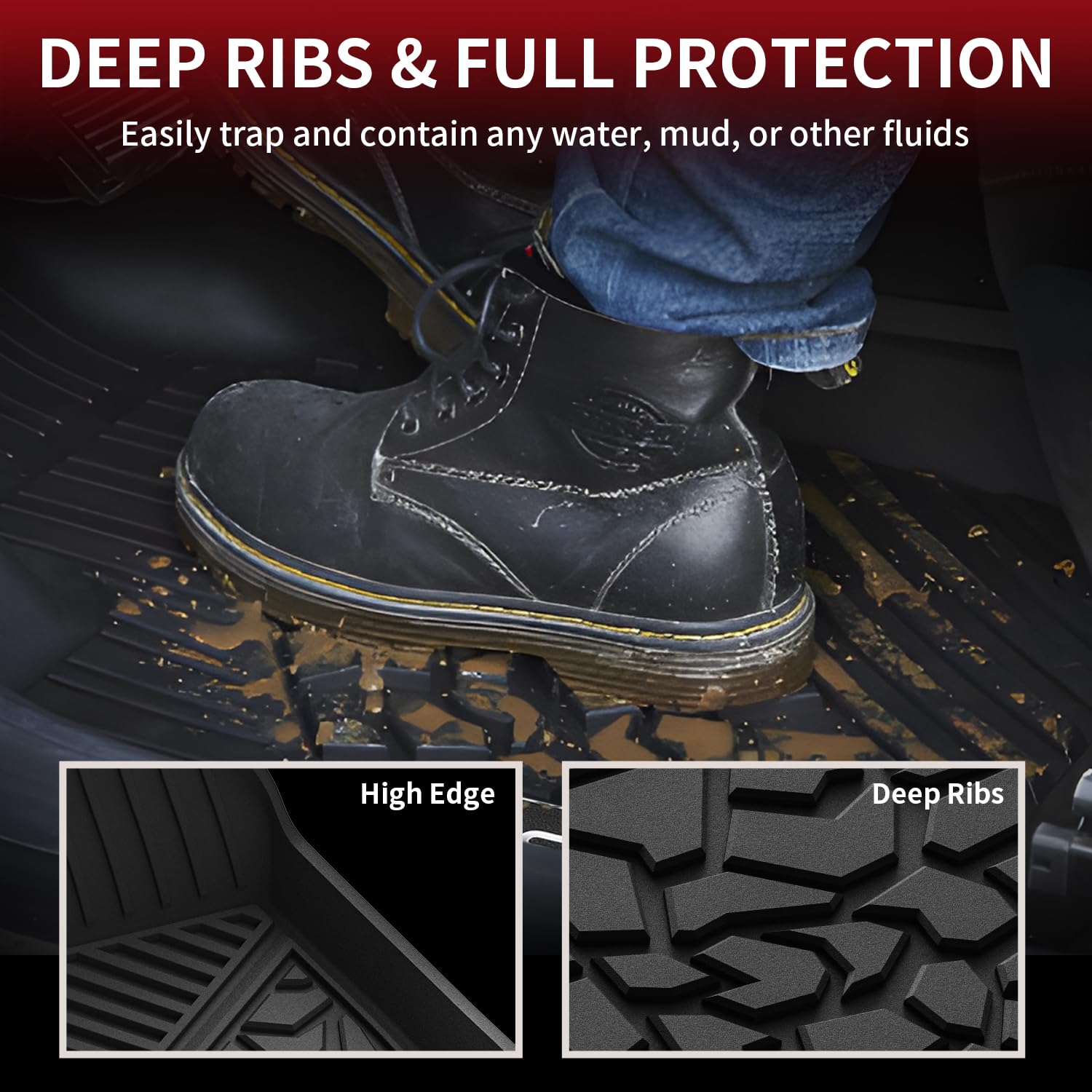 LASFIT Black All Weather Floor Mats for Ford Maverick 2022-2025 (Hybrid Models) - TPE Truck Liners for 1st & 2nd Row