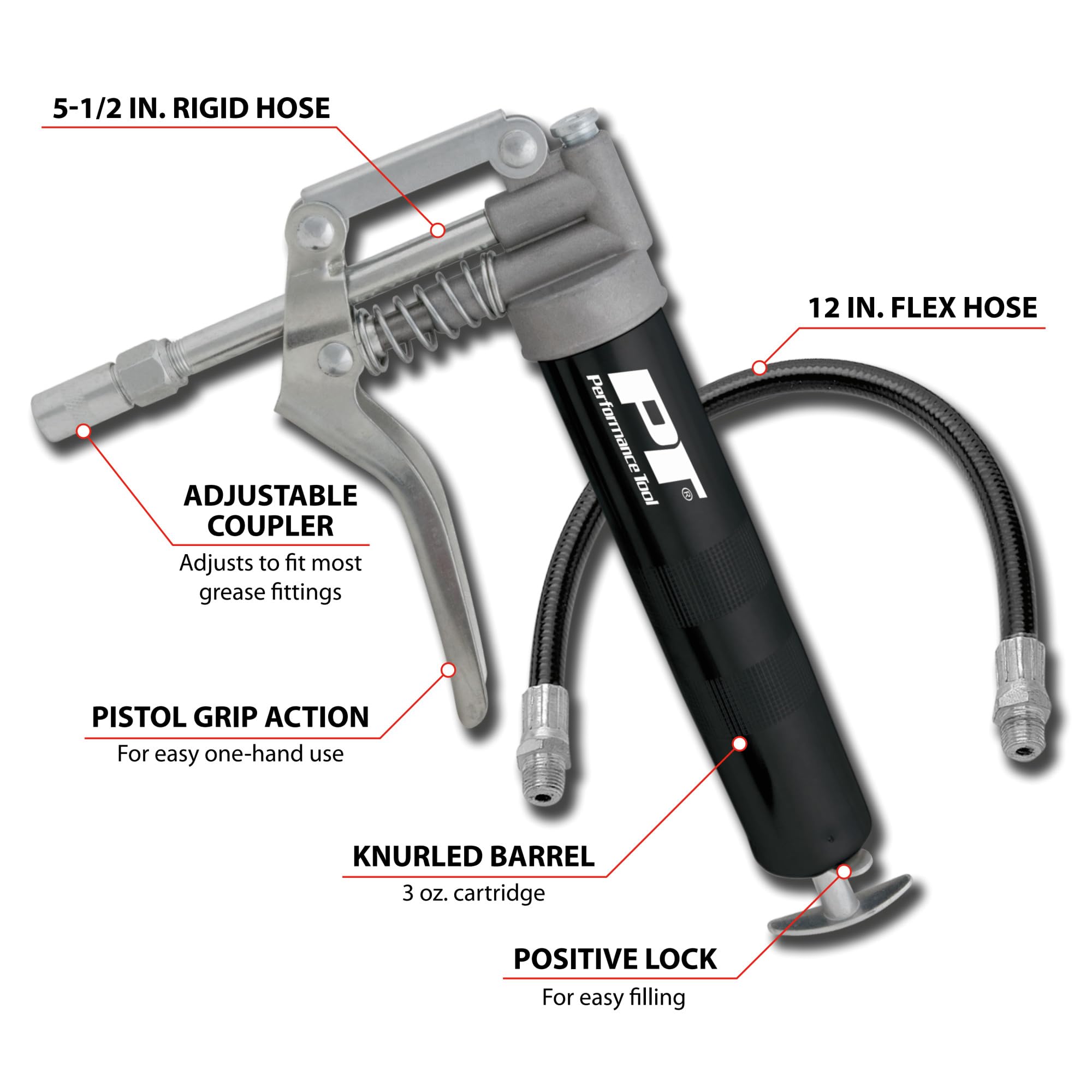 Performance Tool W54198 Mini Grease Gun (3 Oz) With 12 Inch Flexible Hose And 5.5 Inch Rigid Extension Pipe.