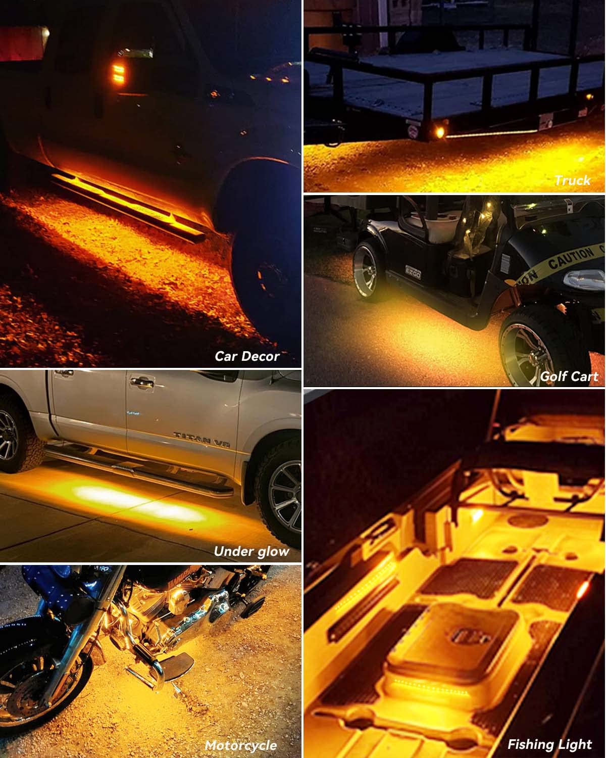 Car Led Strip Lights 24' Connectable Amber Led Light Strips For Cars Interior Lights Boat Marine Golf Cart Trucks Waterproof Yellow Led Strip 12V, 4Pack