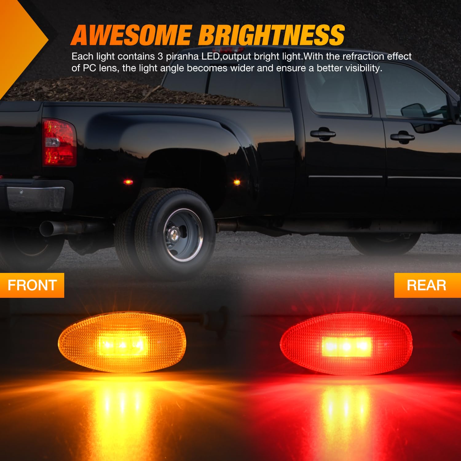 Nilight Fender Side Marker Lights 4 Pcs 3 Led Red Amber Front Rear Clearance Light Compatible With 2001-2014 Chevy Silverado Gmc