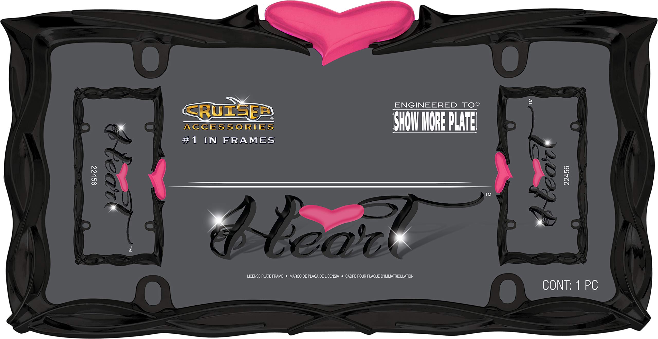Cruiser Accessories Heart License Plate Frame, Glossy Black/Pink, Model 22456, Zinc Material, 1 Pack