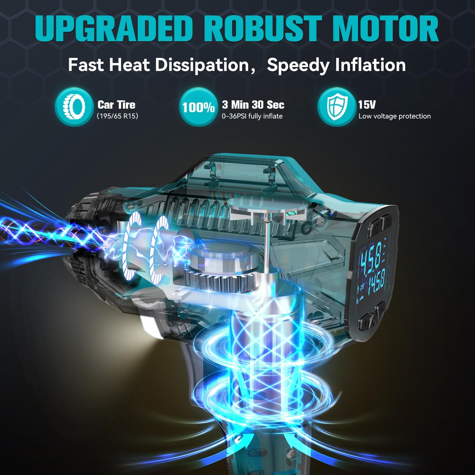 DIYtoolifz Cordless Tire Inflator Air Compressor for Makita 18V Battery, Portable Pump with Digital Pressure Gauge, Turquoise, Model SKU120920002