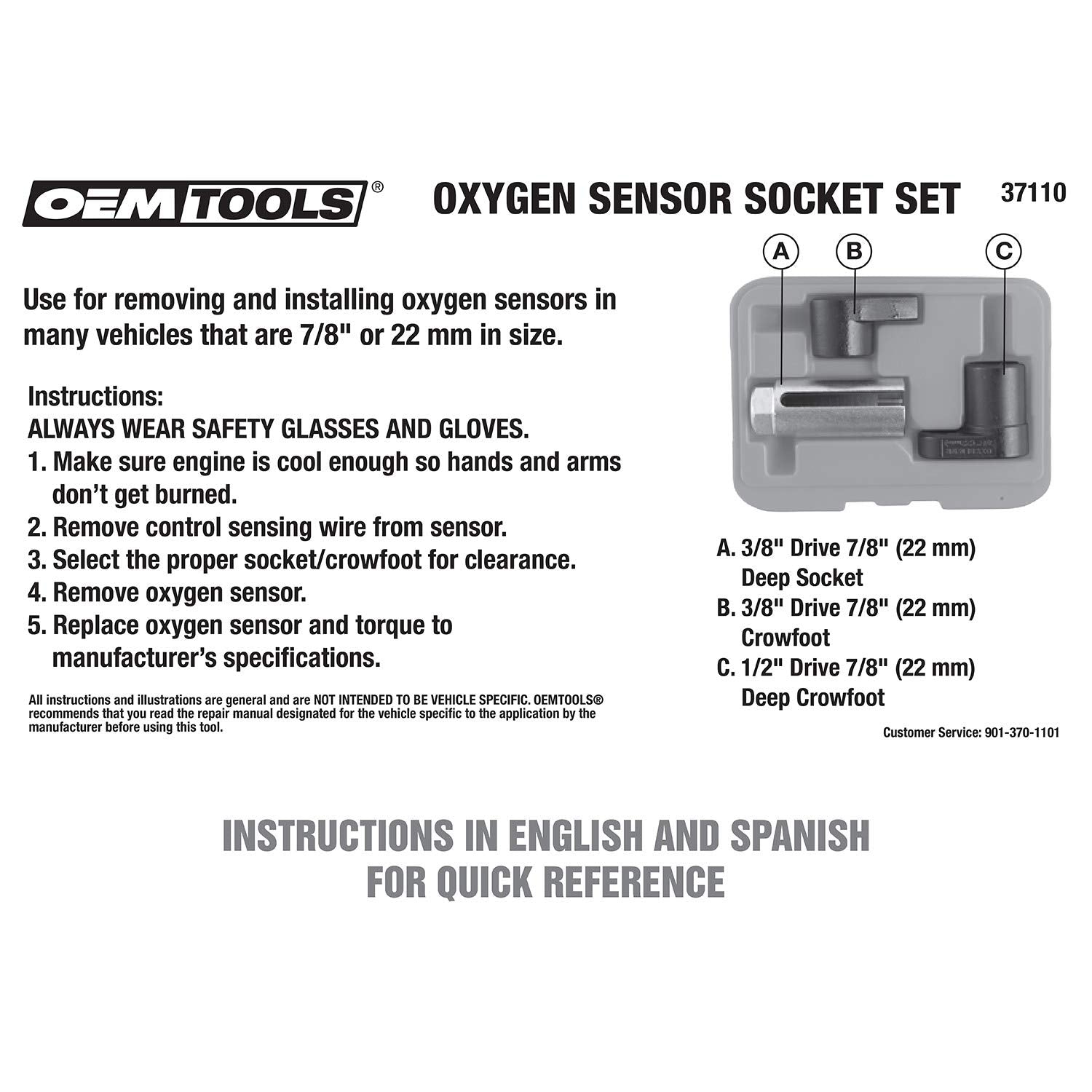 OEMTOOLS 37110 Oxygen Sensor Socket Set - 3 Piece 22mm Alloy Steel Wrench Kit, Multi-Color for 3/8 & 1/2 Drive Remover/Installer