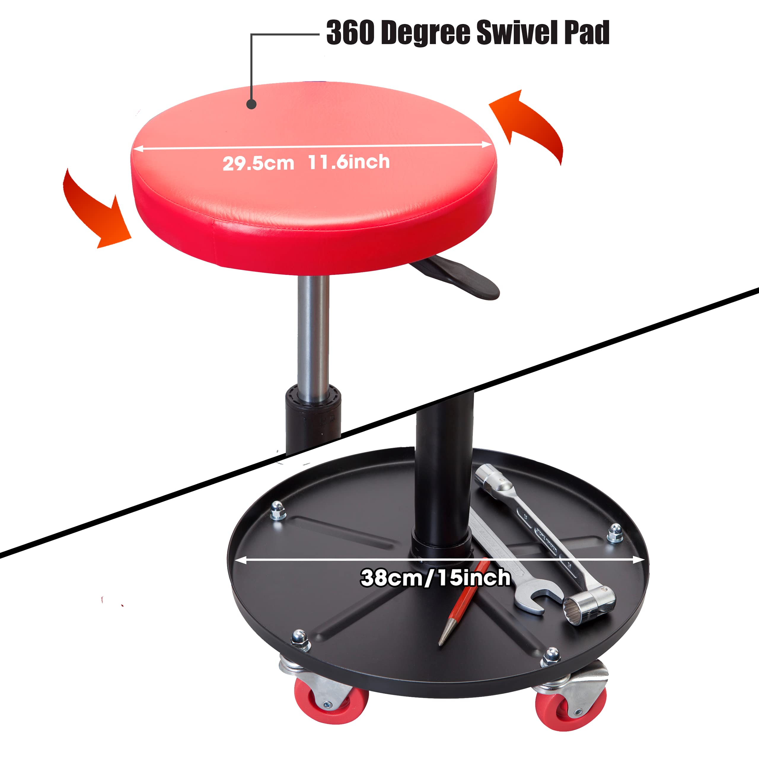 Torin Atrhl6201B Heavy Duty Rolling Pneumatic Creeper Garage/Shop Seat: Padded Adjustable Mechanic Stool With Tool Tray Storage, Red 250 Lbs