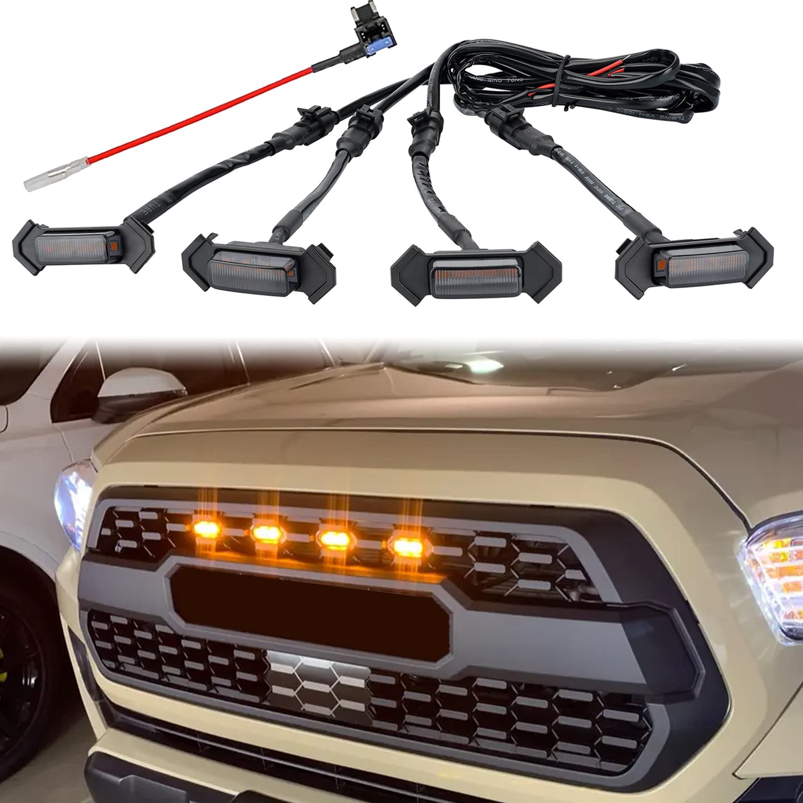 Led Grill Lights For 2016-2022 Aftermarket Toyota Tacoma Trd Pro Grille With Harness & Fuse(Amber Light With Black Housing)