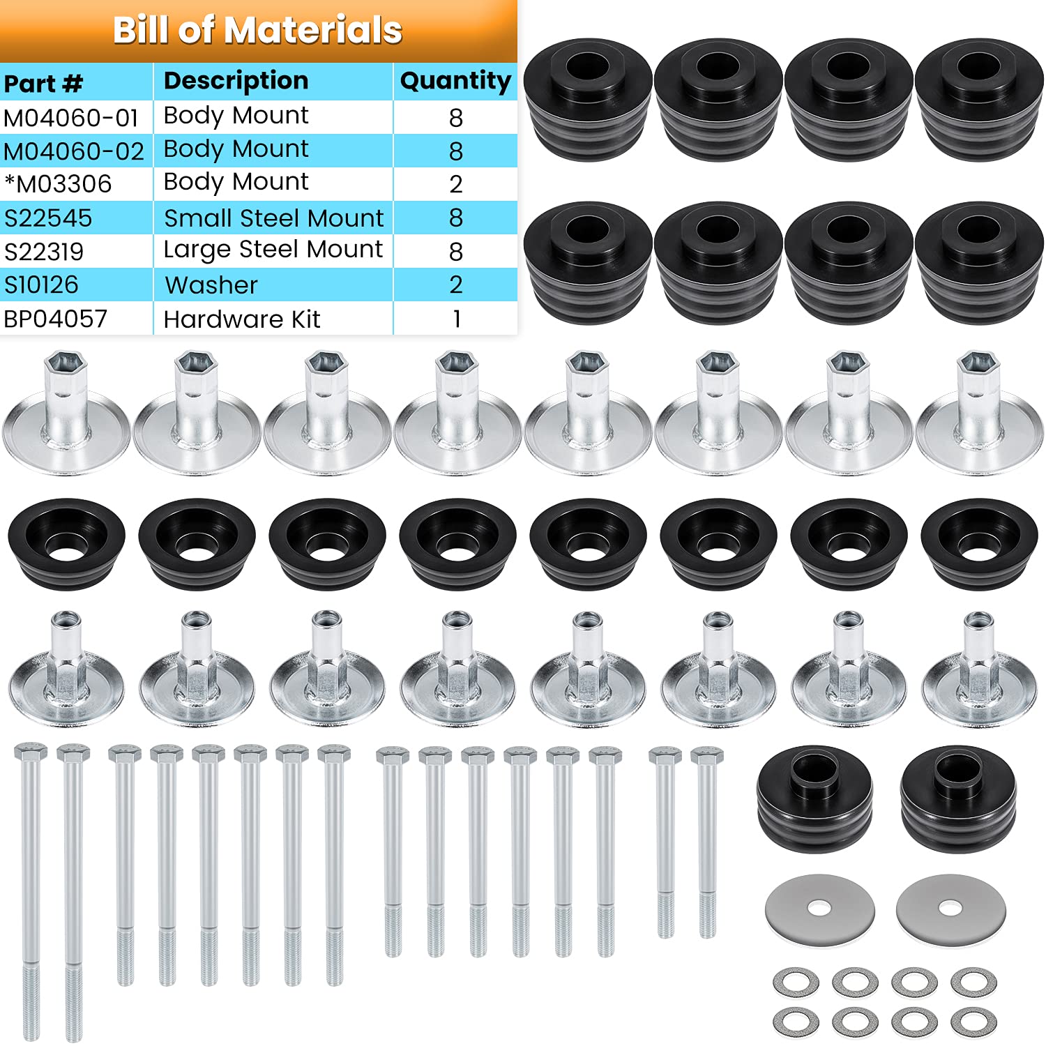 E-cowlboy KF04060BK Body Mount Bushing Kit for Ford F250 F350 2008-2016, Polyurethane, Black, Includes Steel Sleeves & Hardware