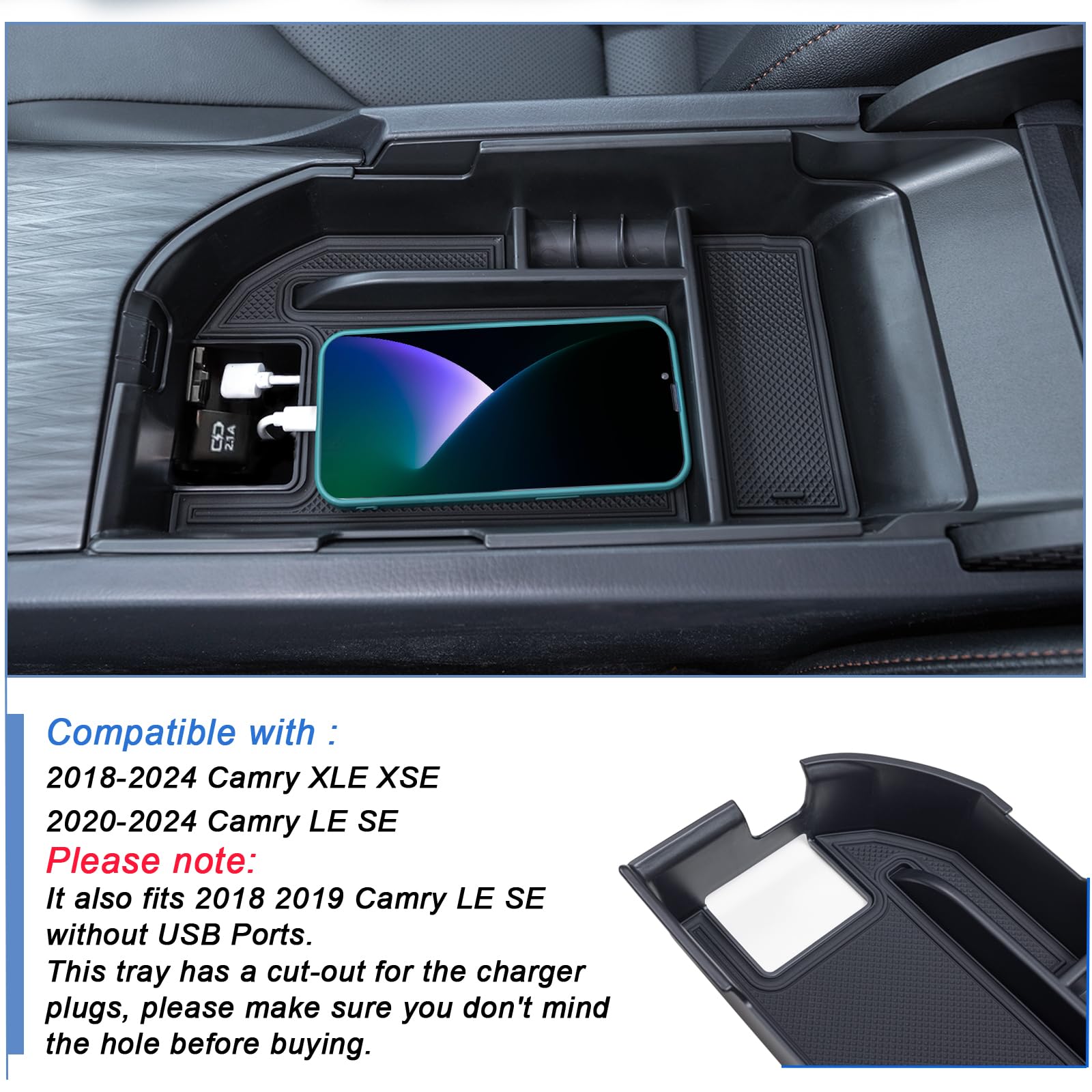 TOPINSTALL Center Console Tray for 2018-2024 Toyota Camry, Black, Dual USB Ports, ABS Material, Armrest Storage Organizer