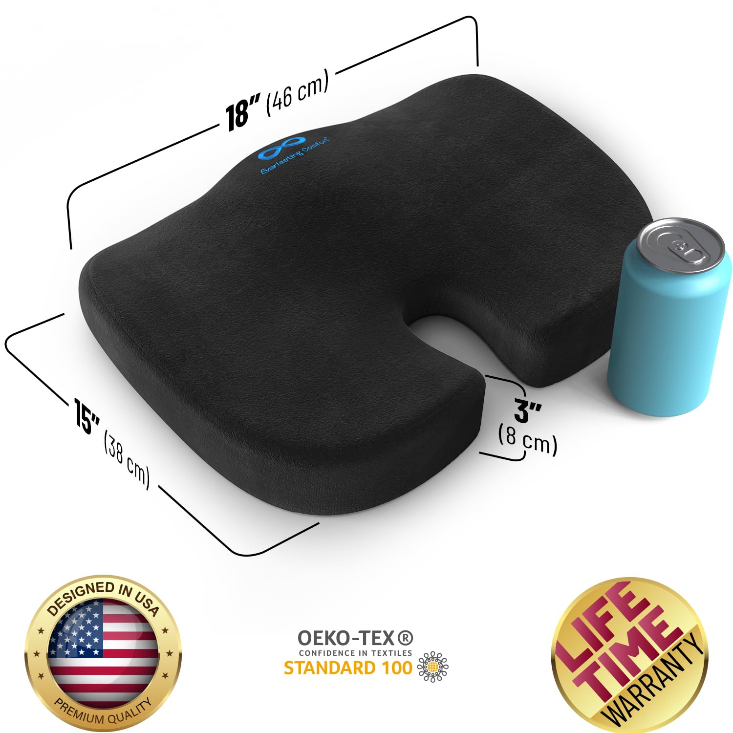 Everlasting Comfort Memory Foam Seat Cushion - Large, Black Upgraded, Ergonomic Design for Tailbone Pain Relief & Sciatica