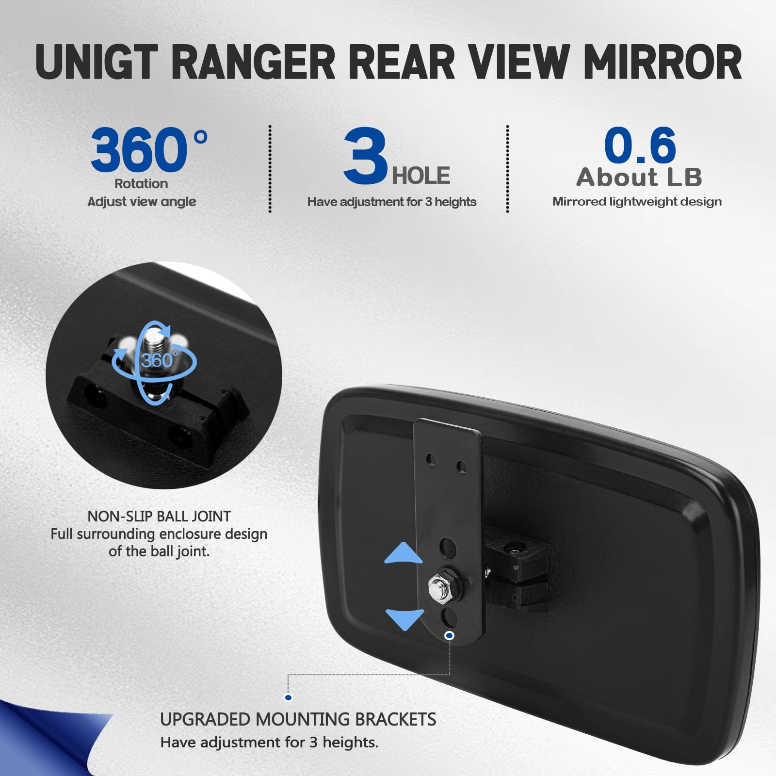 UNIGT Ranger Rear View Mirror, Convex Glass for 2017-2025 Polaris Ranger 500/570/900 XP/1000 XP/Crew, Fits Factory Drop Down Mount 287