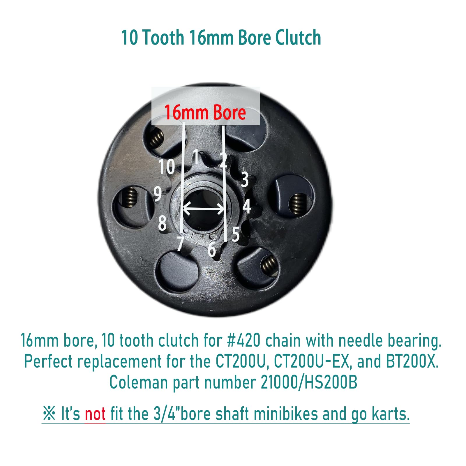 QYMOTO 10 Tooth Clutch for Coleman CT200U 16mm Bore - Mini Bike Replacement Part