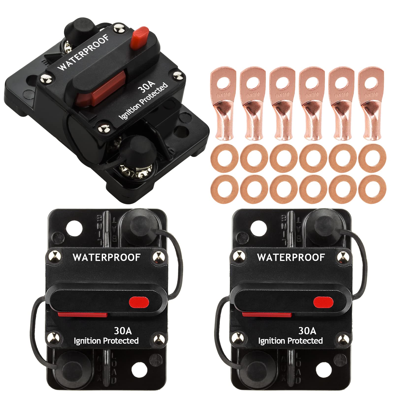 Hamolar 3 Pack 30 Amp Auto Car Stereo Audio Circuit Breaker Fuse 12-48Vdc Manual Reset Button Switch Fuses, With Wire Lugs Coppe