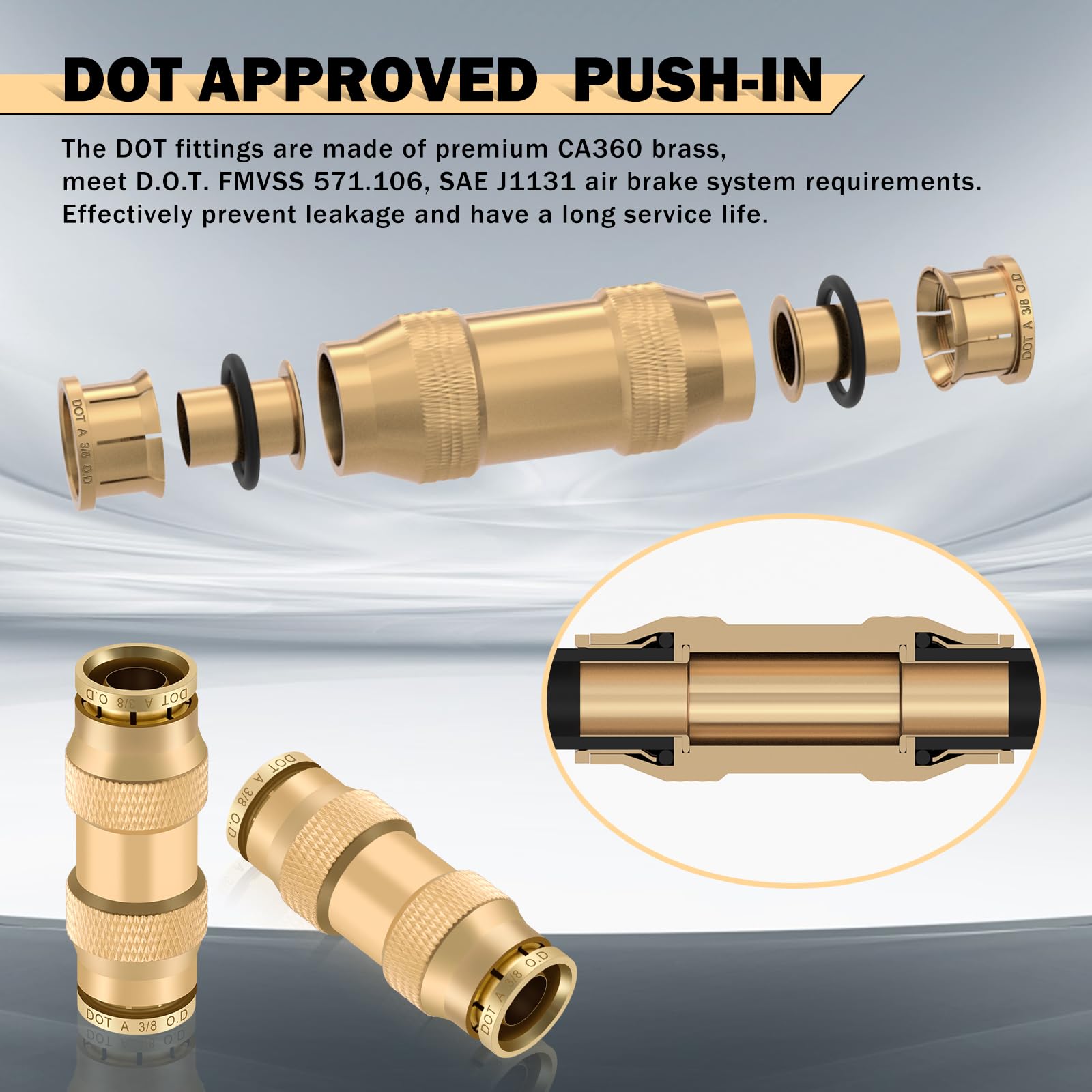 CheeMuii Brass DOT Air Line Fittings Kit - 23 PCS, 1/4" & 3/8", Gold, Quick Connect Pneumatic Tubing Set