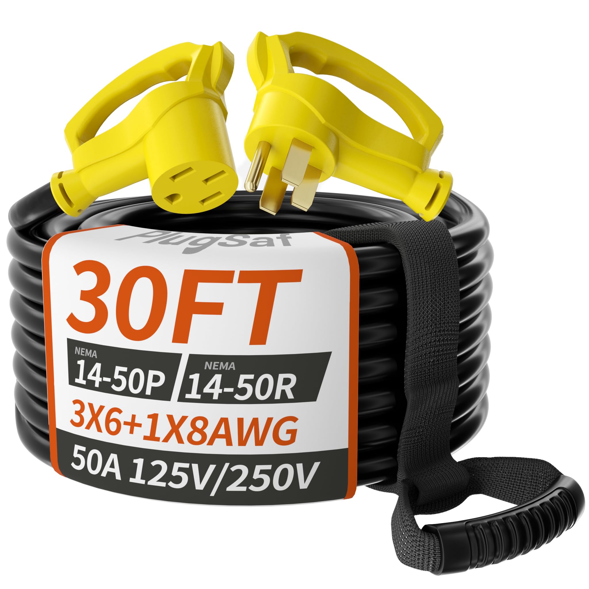 Plugsaf 30 Ft 50 Amp Rv/Ev Extension Cord Outdoor With Grip Handle, 4 Prong Flexible Heavy Duty 6/3+8/1 Gauge Stw Rv Power Cord