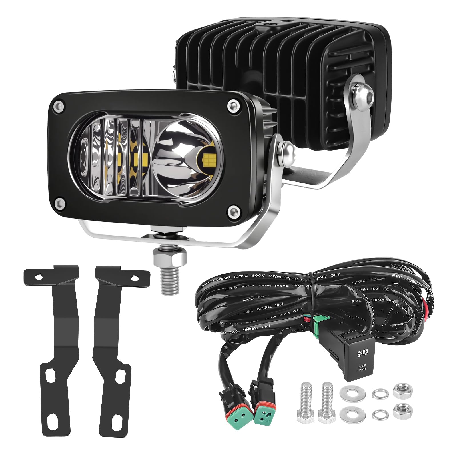 NORTHYUN 3 50W Ditch Light Kits with Hood Mount Brackets & Wiring Harness, 6000K White Combo Beam LED Pod Compatible with Toyota