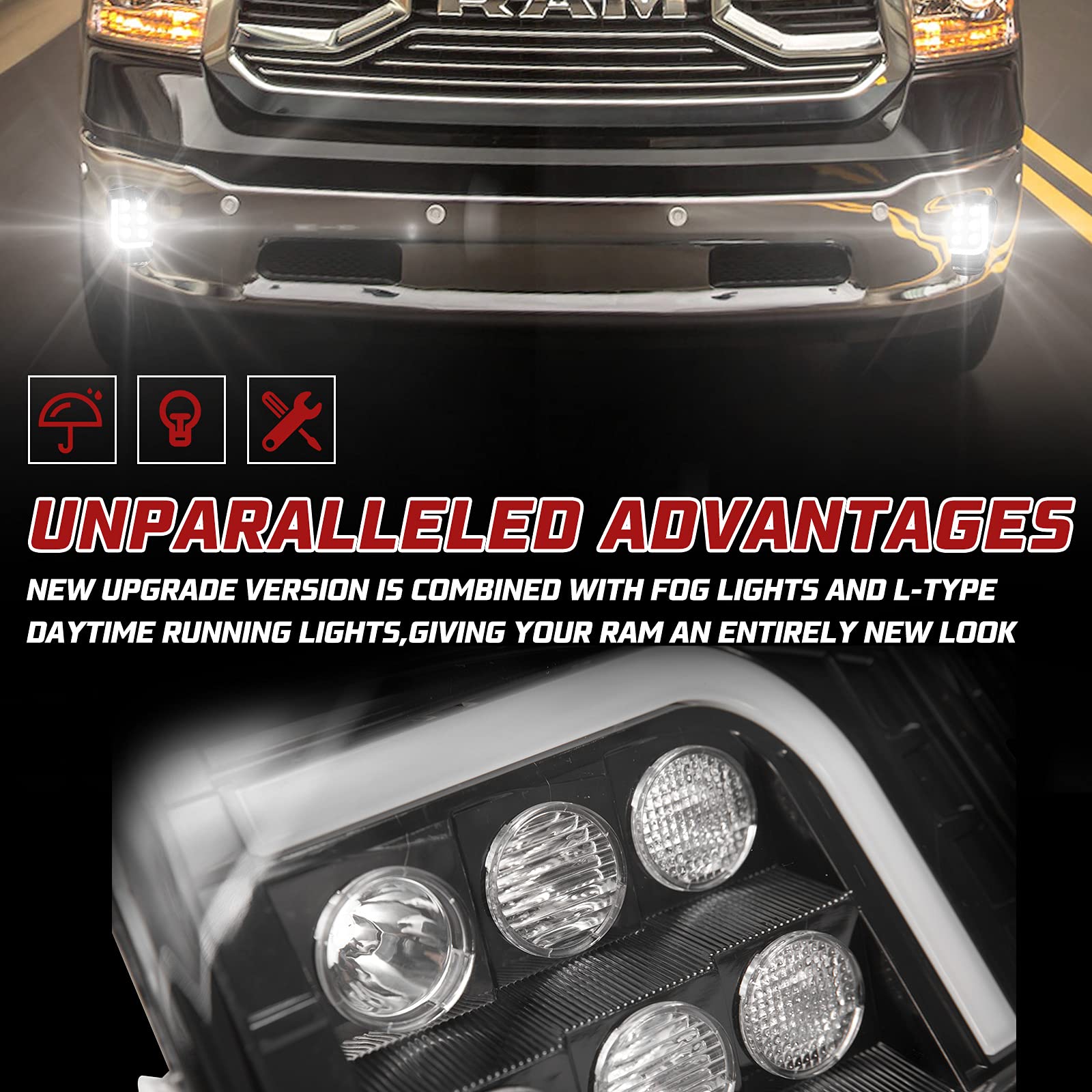 BUNKER INDUST Dodge Ram LED Fog Light Set with DRL, Model F-RAM-0004-FRD*2, for 2013-2018 Ram 1500, Spot Flood