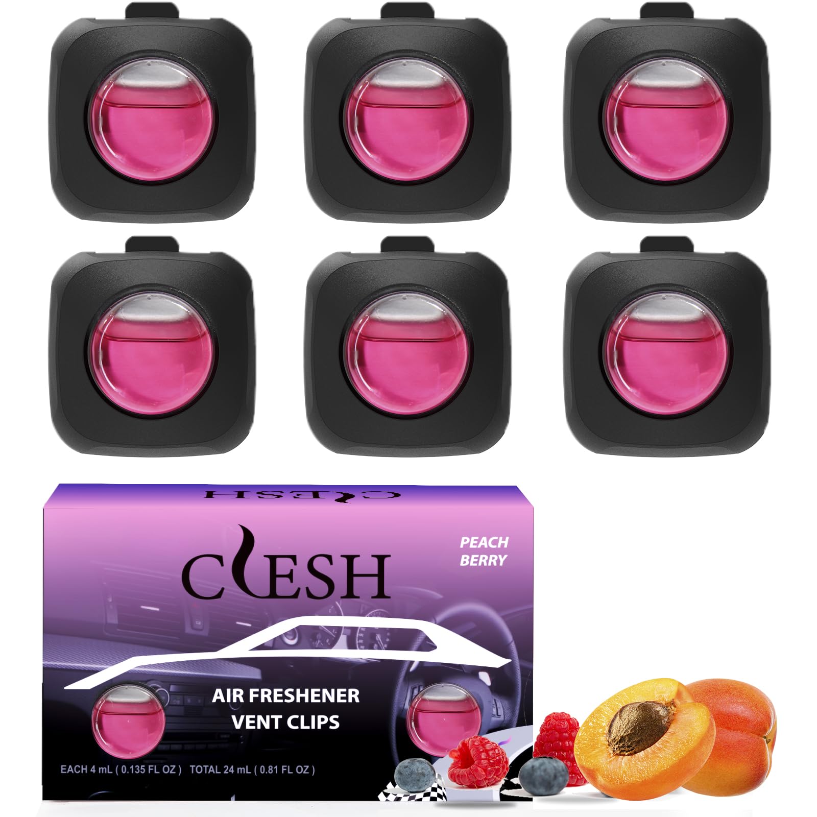 Car Air Fresheners, Peach Berry, 6-Pack, 4Ml Each, Car Air Freshener Vent Clips, Long Lasting Air Freshener For Car, Car Freshen