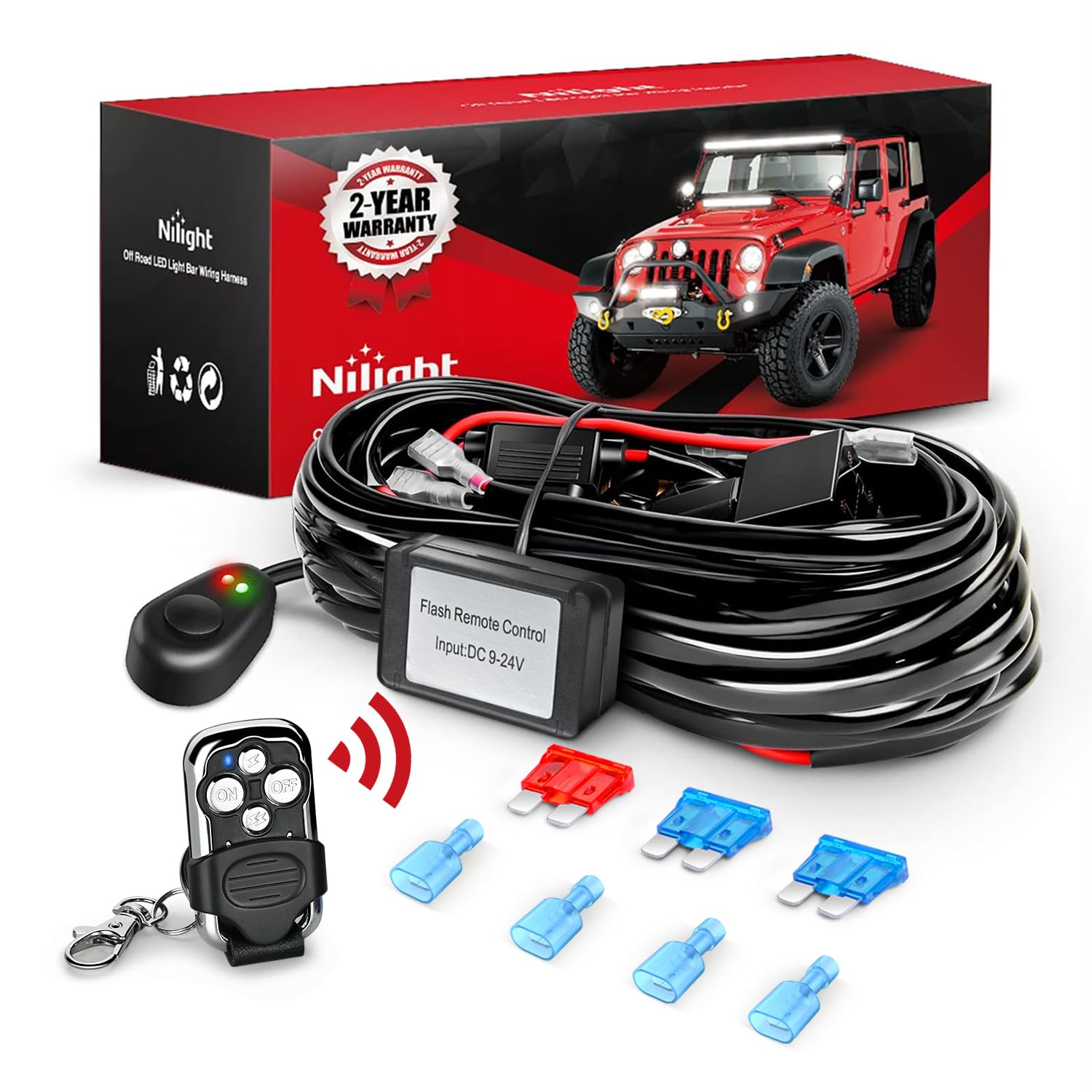 Nilight Remote Wiring Harness For Led Light Bar Wireless Strobe Flash Work Light Driving Lights 12V 15A 16Awg Remote Controller
