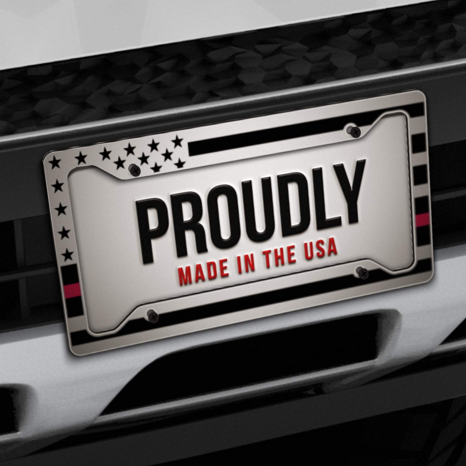 American Flag License Plate Frame - Thin Pink Line- Car Tag Frame -Pink On White Breast Cancer Awareness