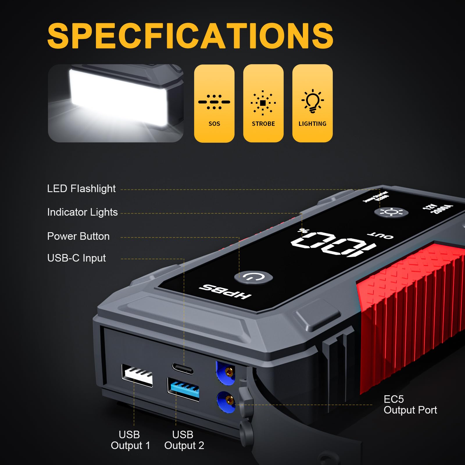 HPBS Jump Starter 4000A Battery Pack for 10.0L Gas & 8.0L Diesel Engines, 12V Portable, Red, Model H2000
